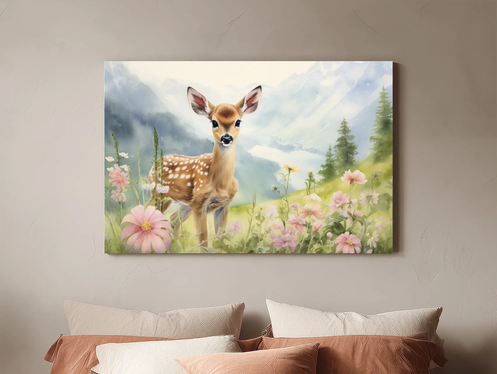 Watercolor Fawn In Wildflowers - Pastel Alpine Meadow Nursery Wall Art