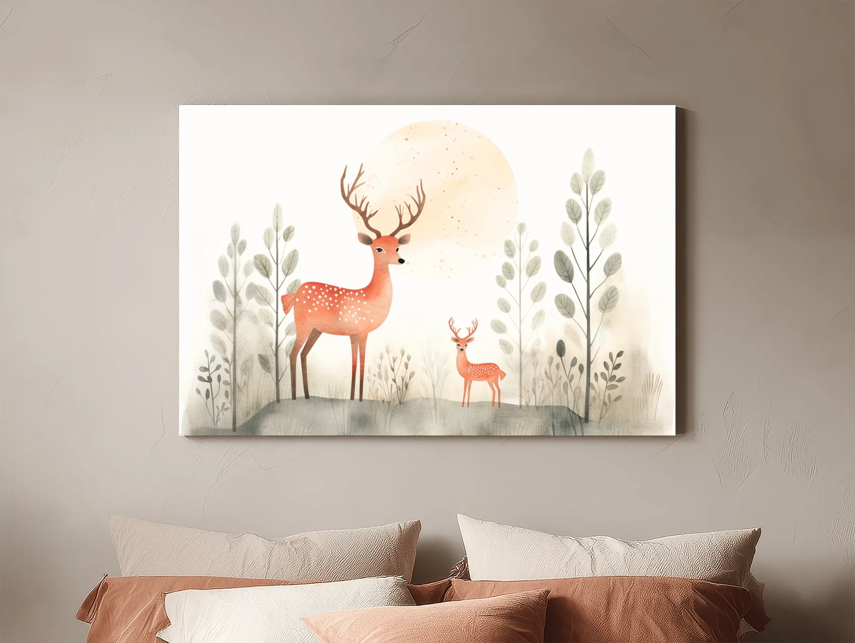 Whimsical Watercolor Deer Family Illustration - Scandinavian Nursery Forest Wall Art