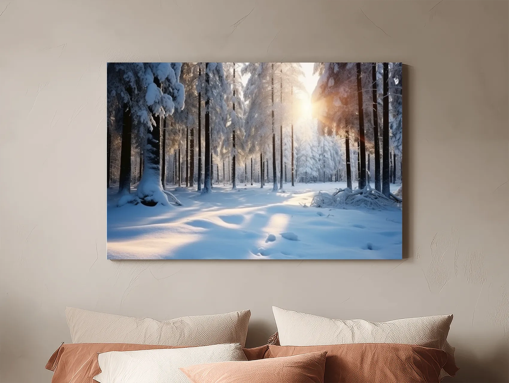Sunlit Snowy Pine Forest Landscape - Serene Winter Nature Wall Art