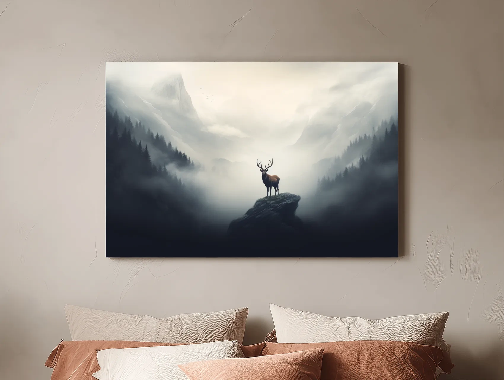 Majestic Stag On Rocky Peak - Misty Mountain Forest Wall Art