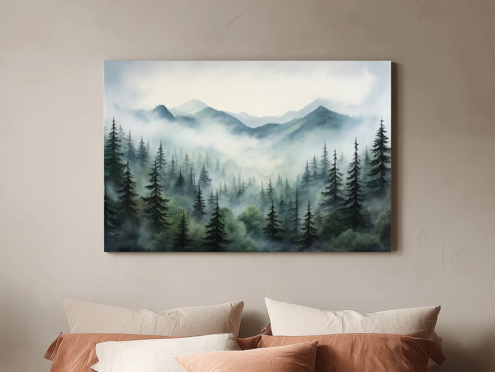 Misty Alpine Forest Painting - Foggy Mountain Landscape Art