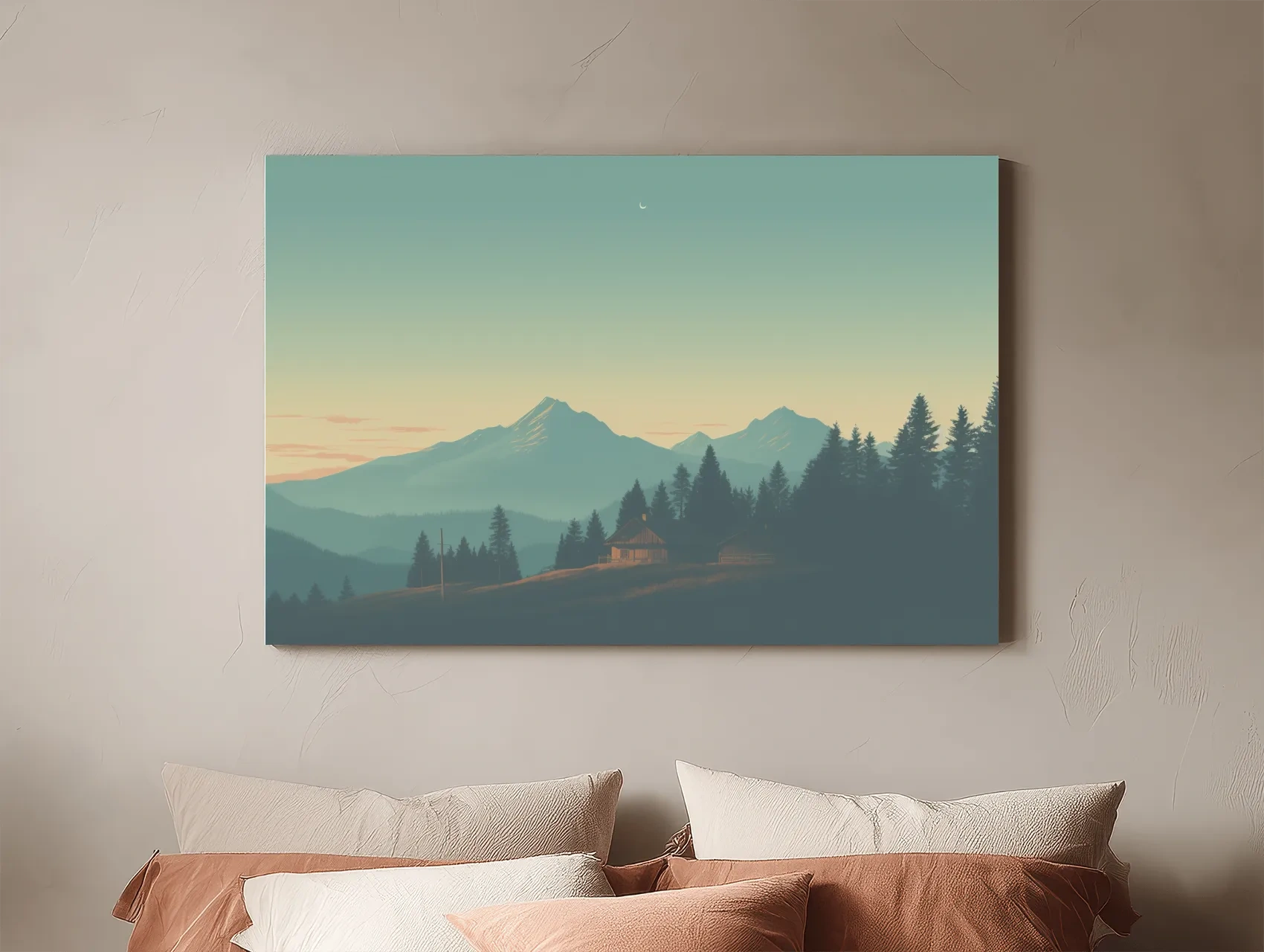 Hazy Alpine Cabin Mountain Sunset - Serene Vintage Landscape Wall Art