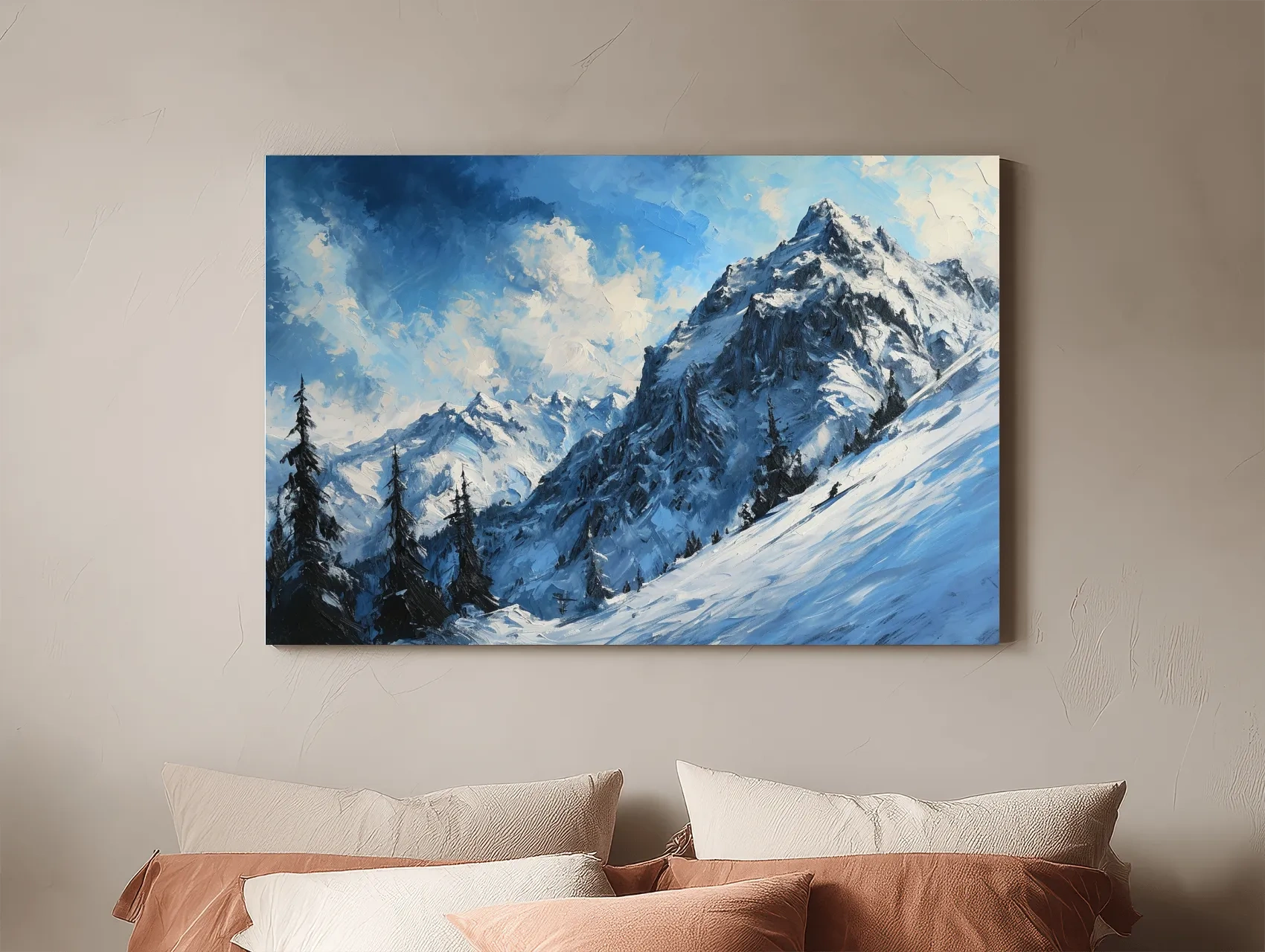 Alpine Snowy Peak Oil Painting - Moody Mountain Landscape Wall Art