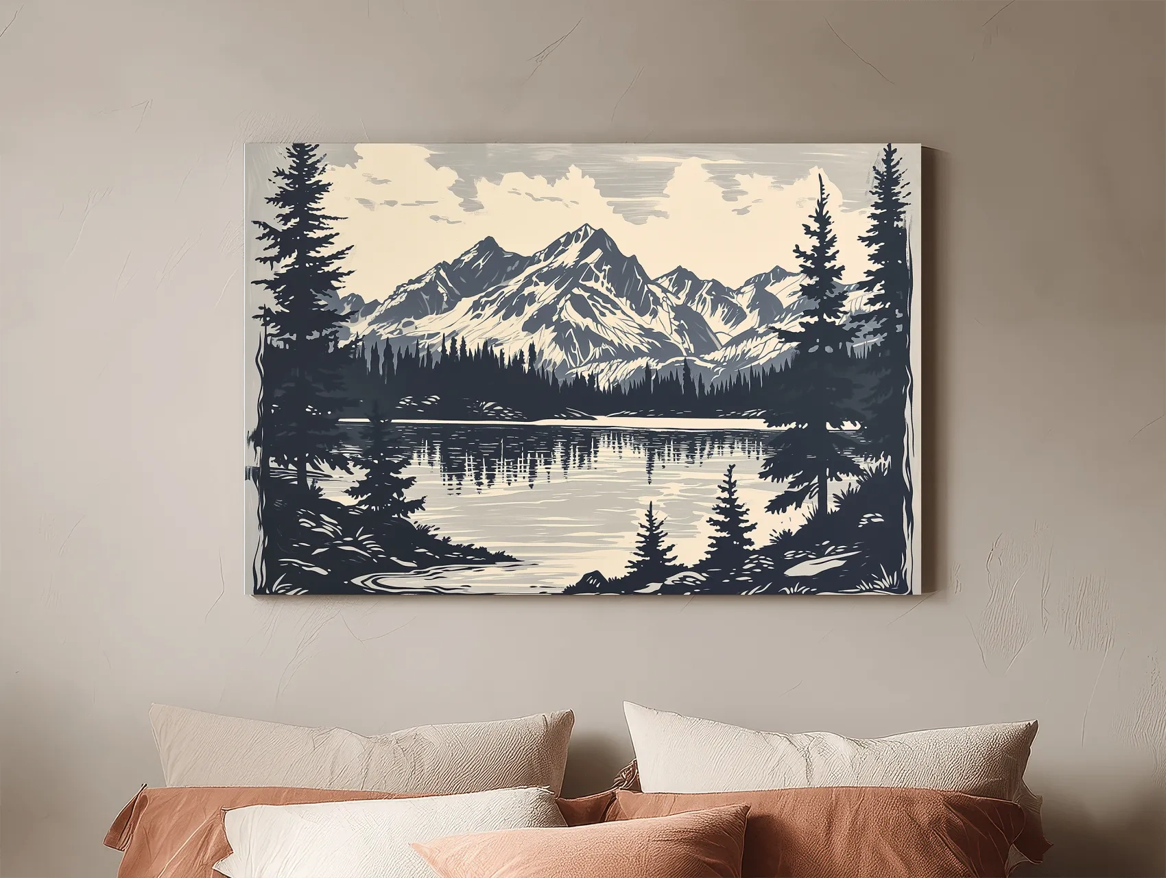 Vintage Alpine Lake Mountain Illustration - Monochrome Linocut Style Artwork