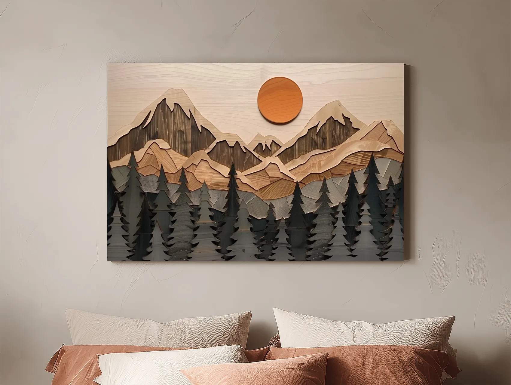 Rustic Geometric Wood Grain Mountain Sunrise - Pine Forest Landscape Wall Art