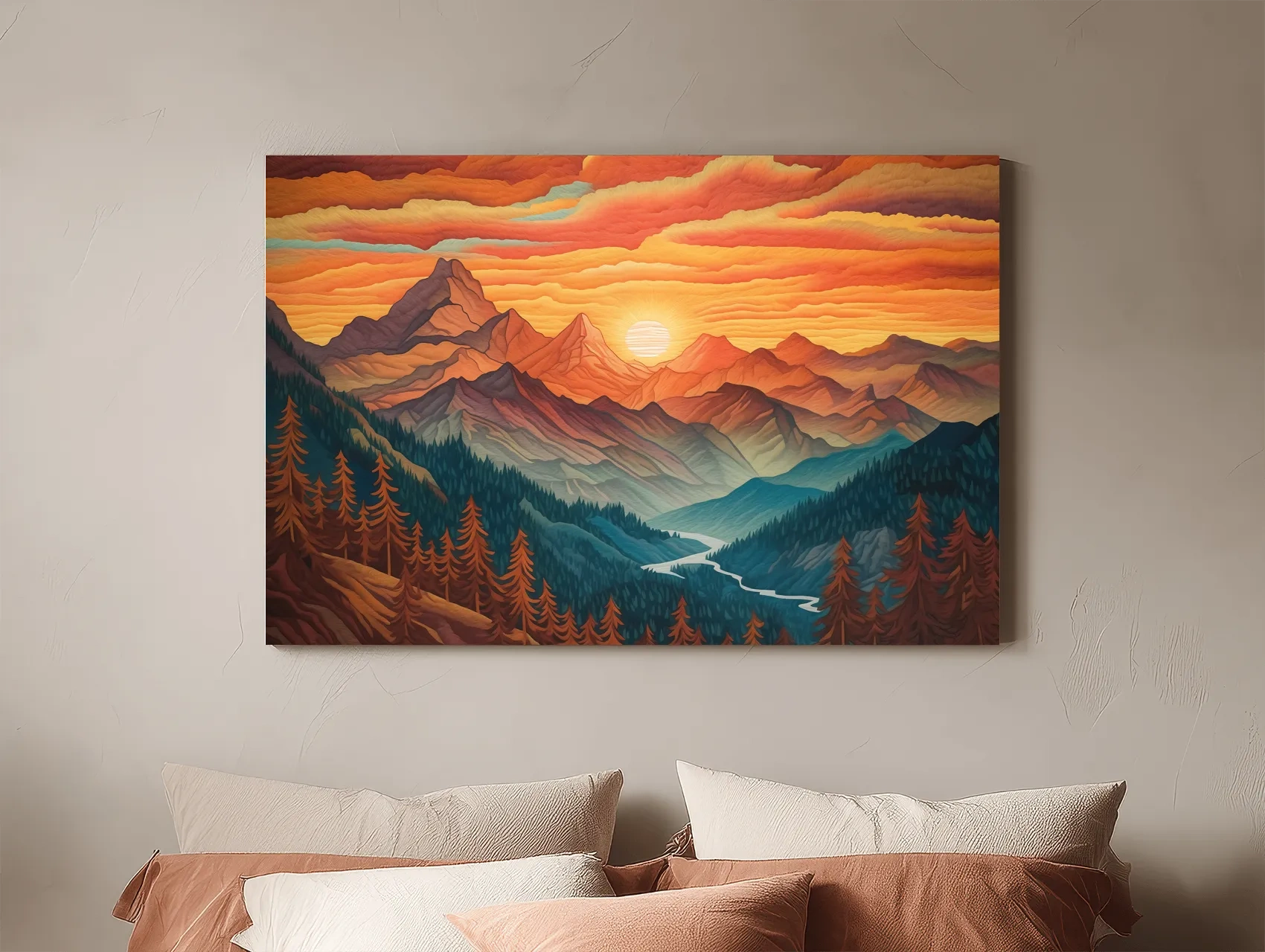 Vibrant Sunset Mountain Range Illustration - Layered Alpine Landscape Wall Art