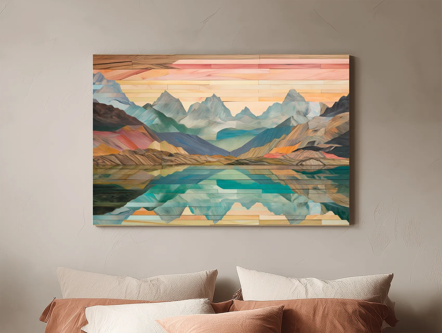 Alpine Lake Mountain Reflection - Layered Wooden Style Landscape Wall Art