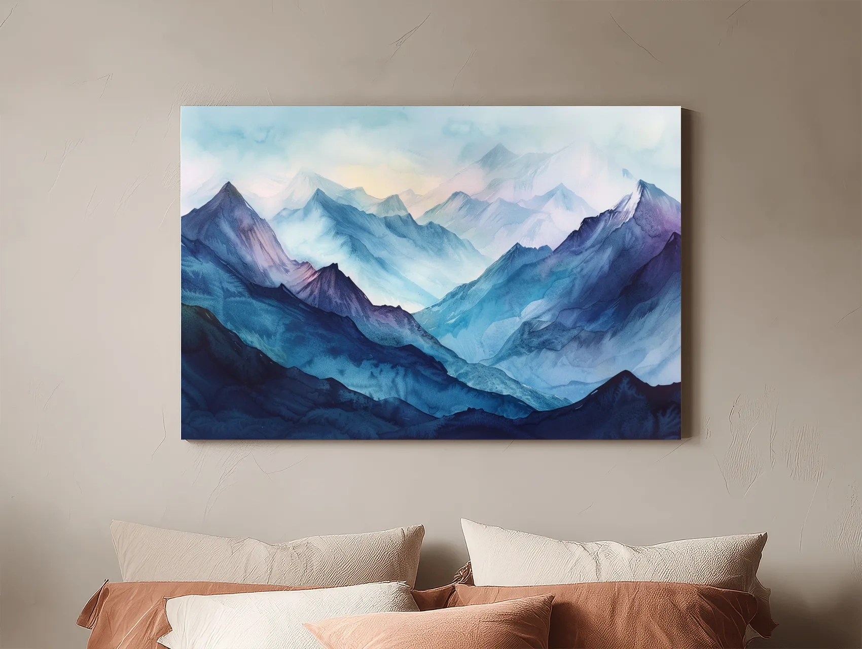 Misty Blue Watercolor Mountain Range Artwork - Serene Colourful Landscape Wall Art