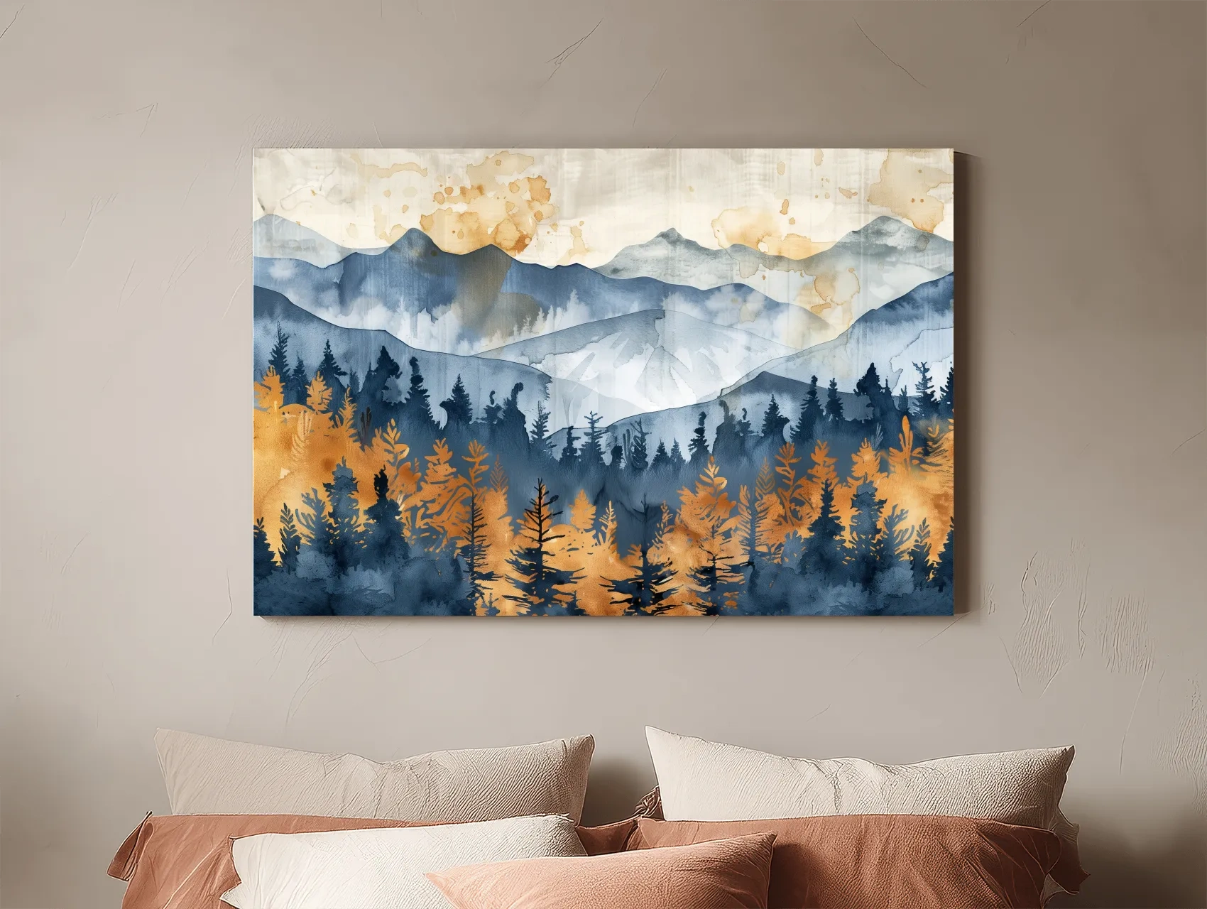 Watercolor Mountain Forest Landscape - Abstract Golden Autumn Pines Wall Art