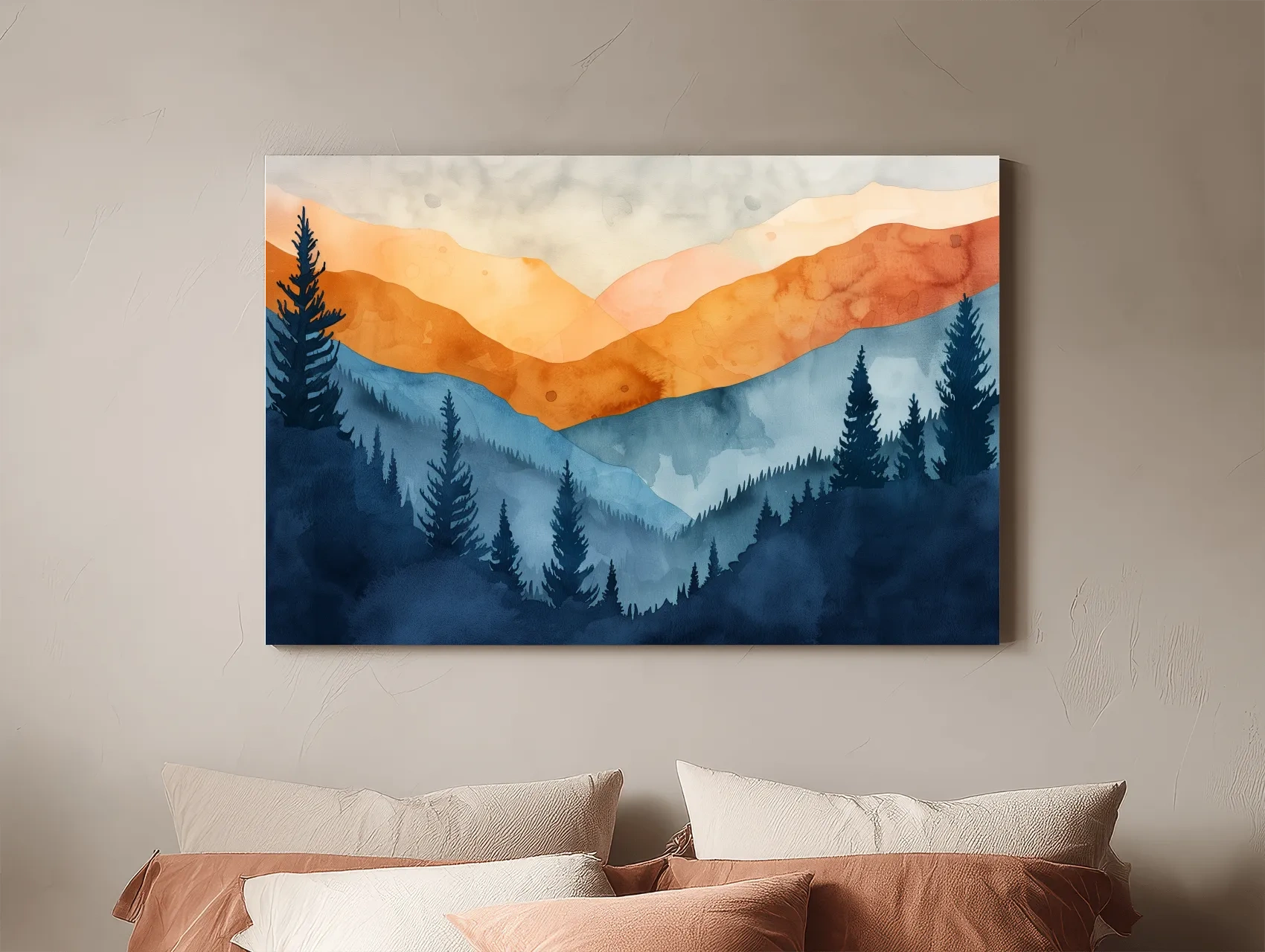 Moody Watercolor Mountain Range Silhouette - Pine Forest Painting Wall Art