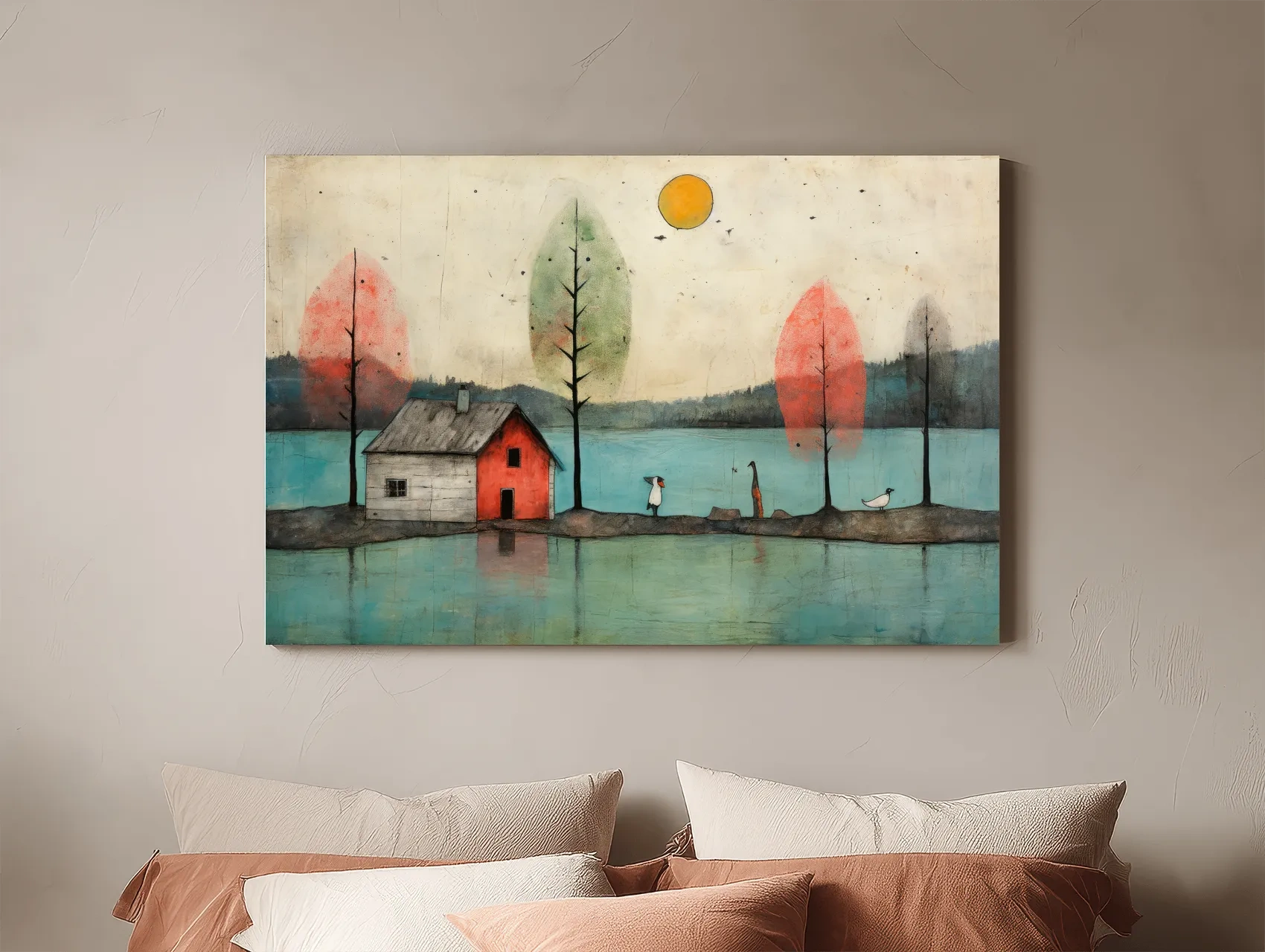 Whimsical Lakeside Cabin Illustration - Rustic Folk Landscape Wall Art