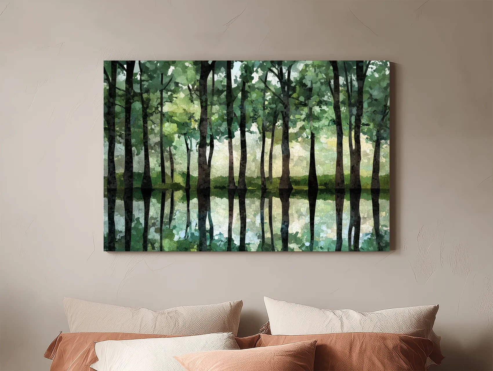Mosaic Watercolor Forest Lake Reflection - Serene Nature Landscape Wall Art