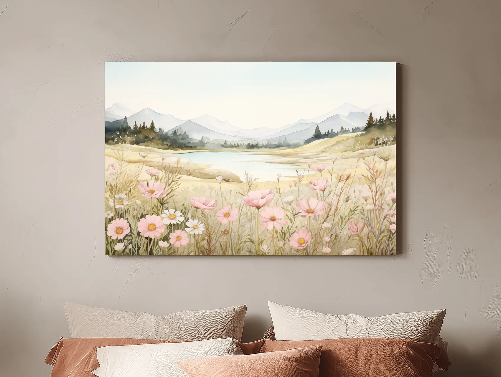 Soft Watercolor Wildflower Meadow Landscape - Serene Pastel Alpine Wall Art