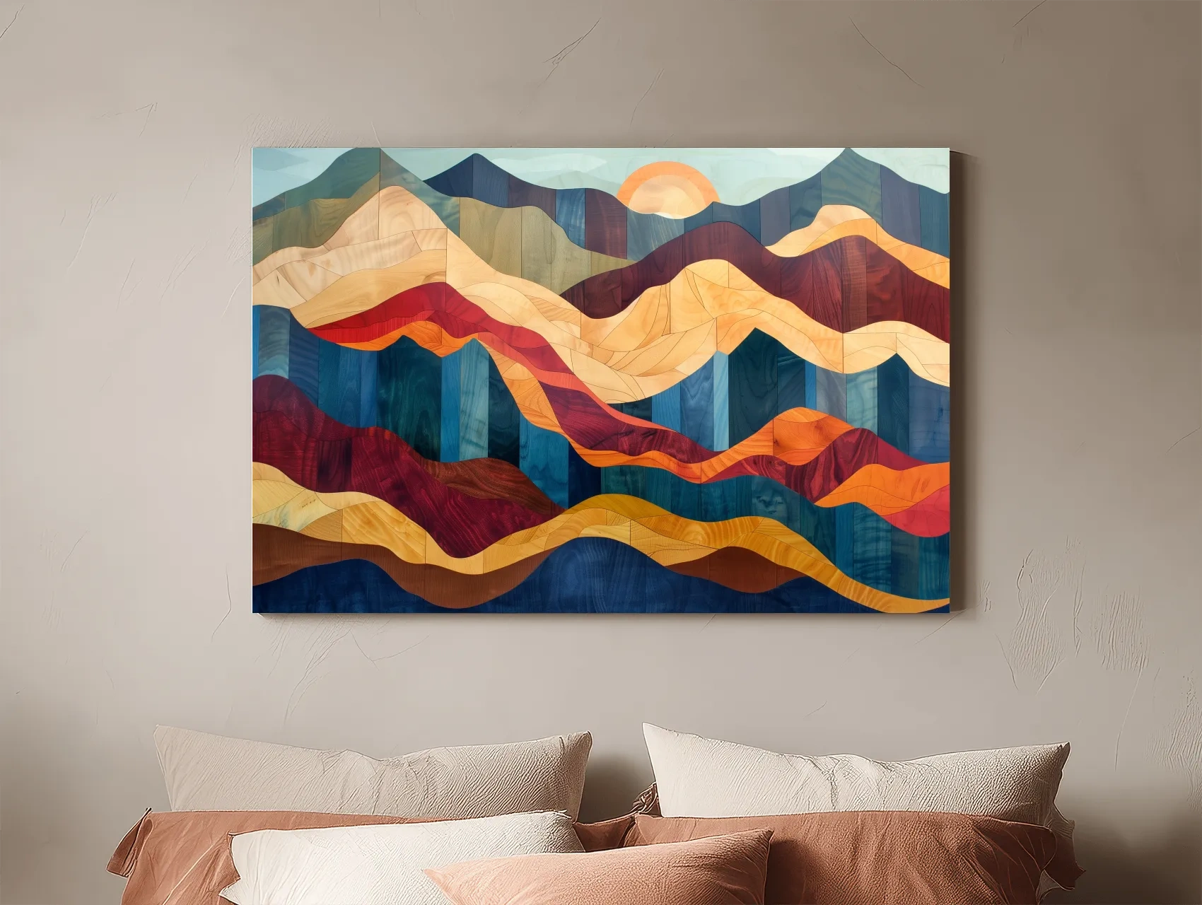 Layered Abstract Mountain Sunset Woodgrain - Mid Century Modern Wall Art