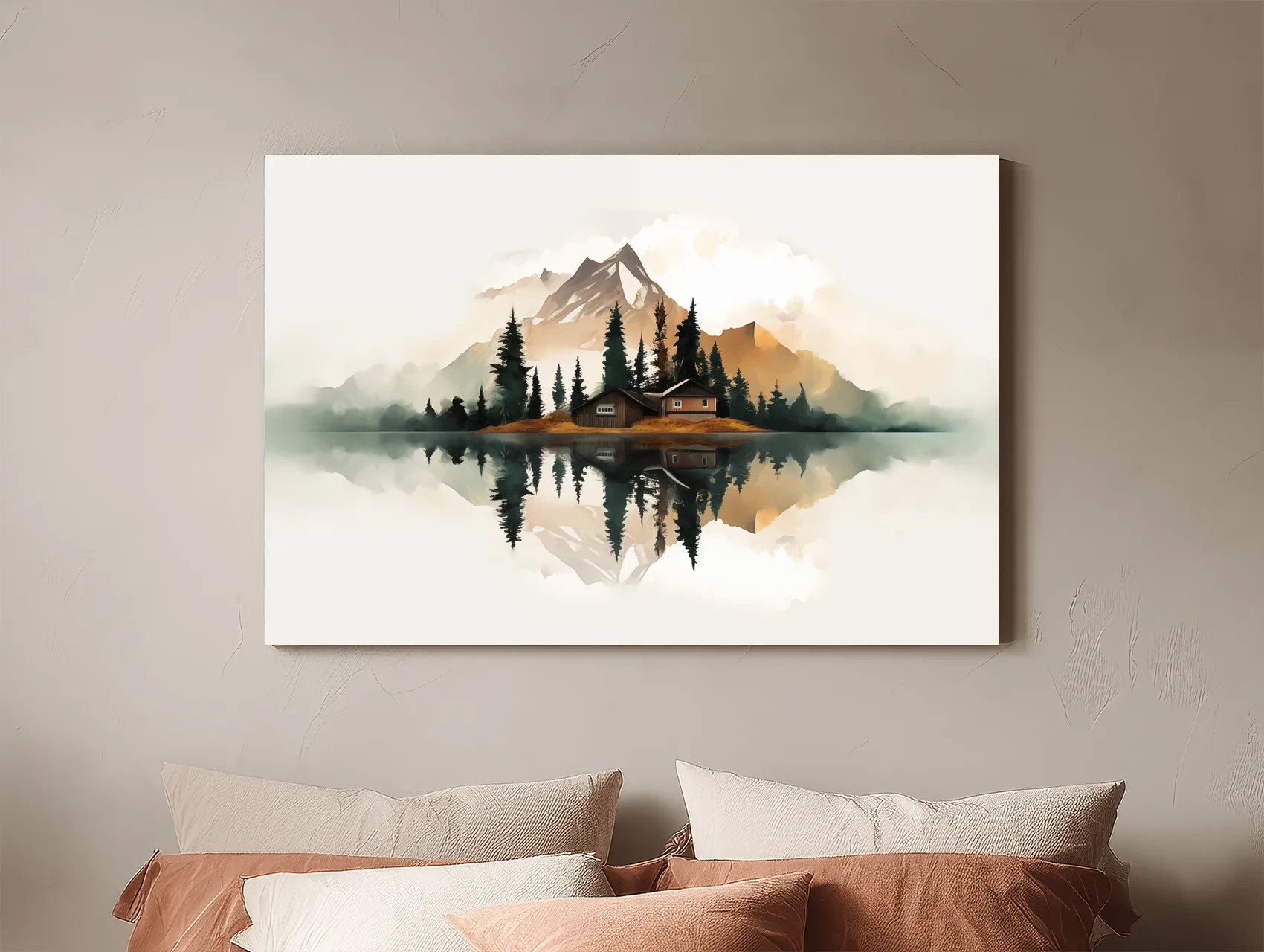 Minimalist Mountain Cabin Lake Reflection - Misty Watercolor Landscape Wall Art