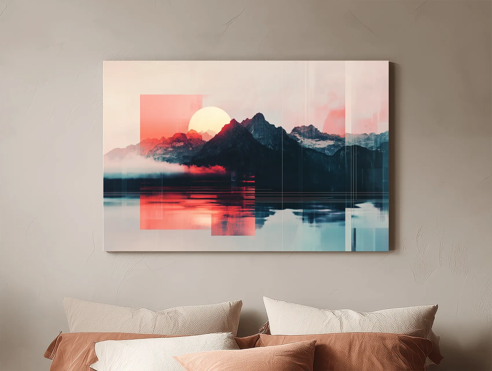 Abstract Alpine Mountain Sunset Reflection - Modern Geometric Glitch Wall Art