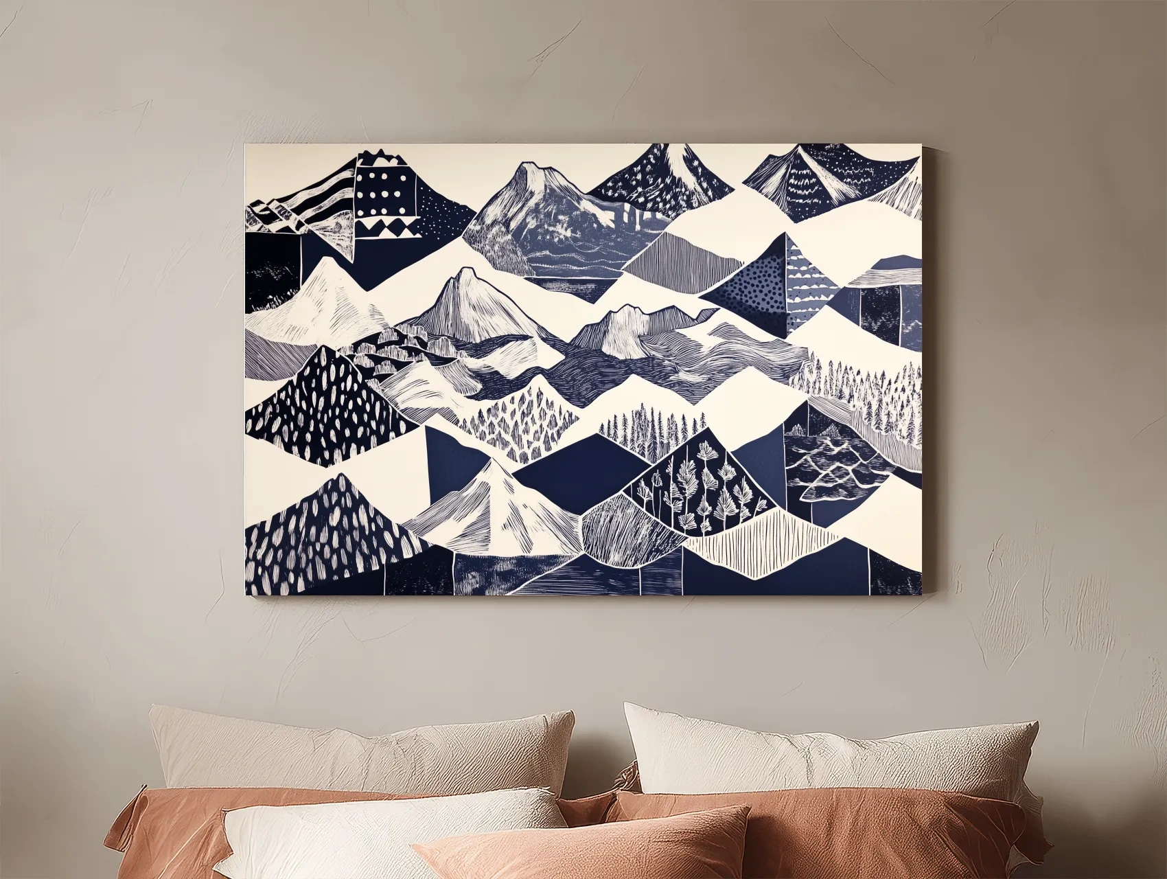 Linocut Patchwork Mountain Range Illustration - Modern Landscape Artwork