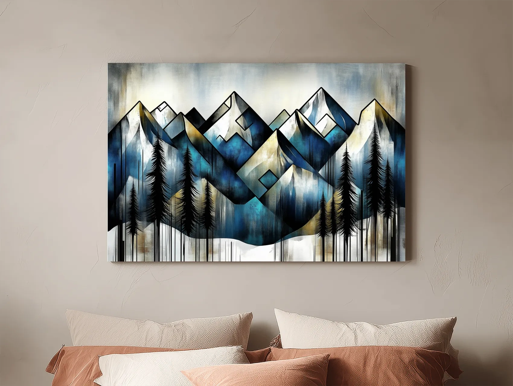 Geometric Mountain Peaks With Pine Trees - Modern Abstract Landscape Artwork