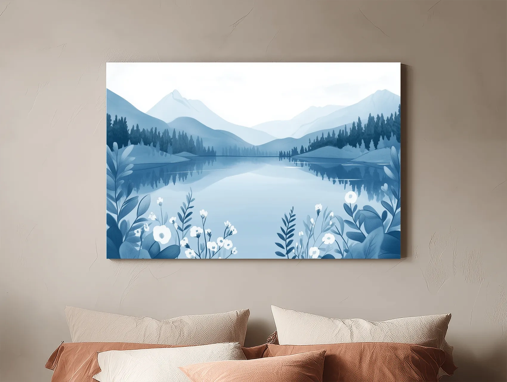Serene Mountain Lake Illustration - Minimalist Alpine Landscape Wall Art