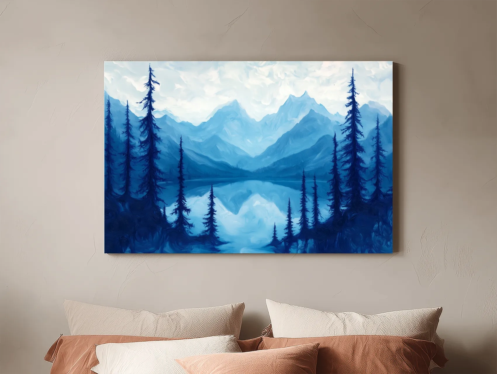 Serene Blue Mountain Lake Oil Painting - Alpine Forest Landscape Artwork