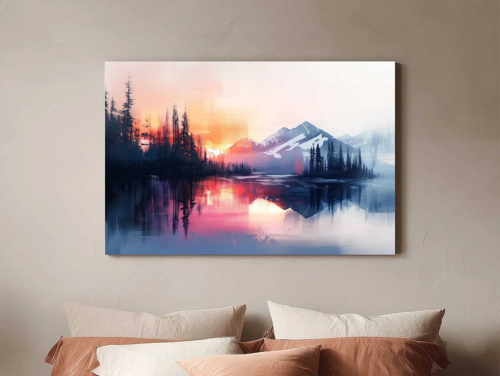 Vibrant Sunset Alpine Mountain Lake Reflection - Abstract Watercolor Forest Wall Art