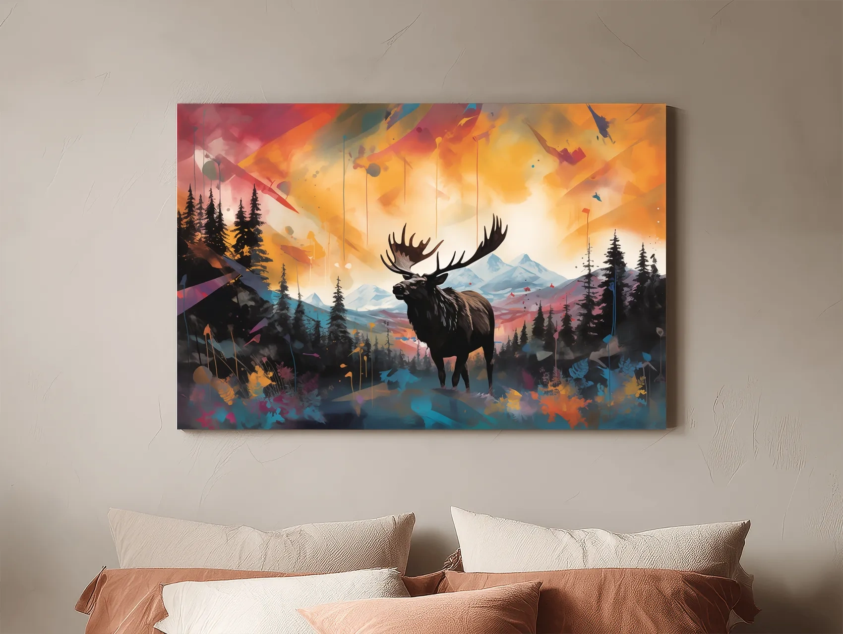 Vibrant Abstract Moose Mountain Painting - Colorful Wildlife Wall Art