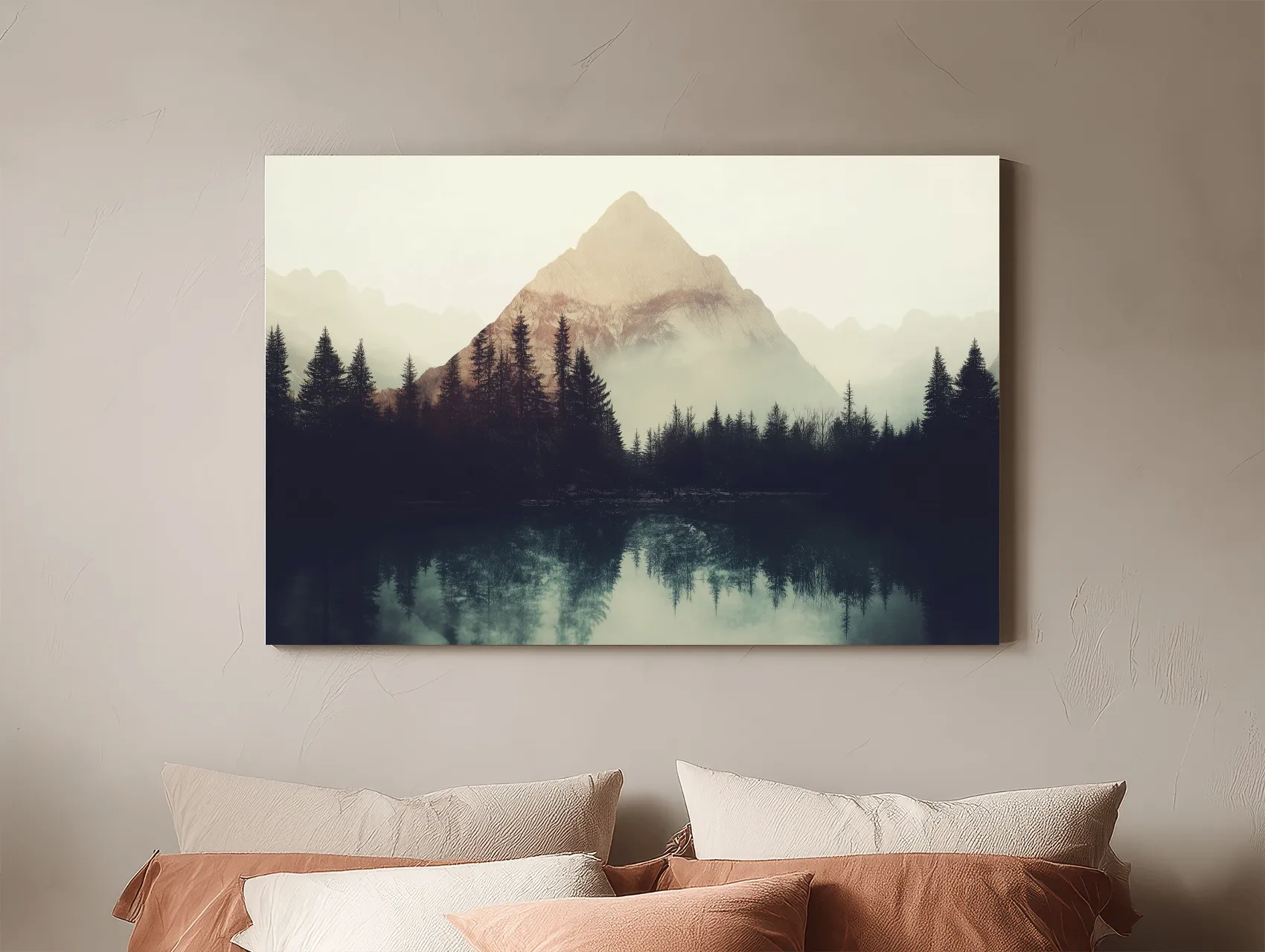 Misty Pine Forest Silhouette Lake Reflection - Moody Mountain Wall Art