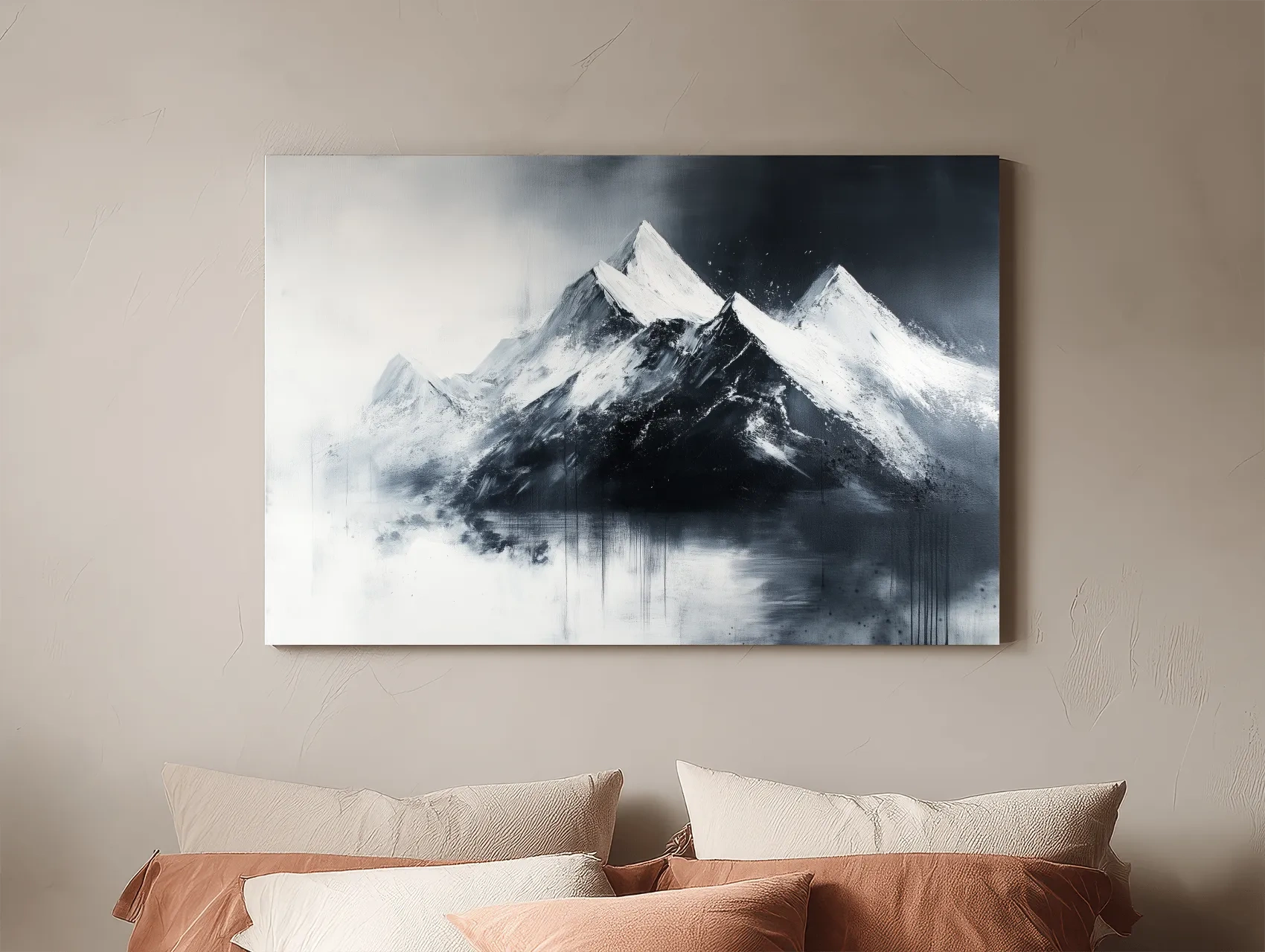 Moody Monochrome Snowcapped Mountain Peaks Painting - Modern Minimalist Wall Art