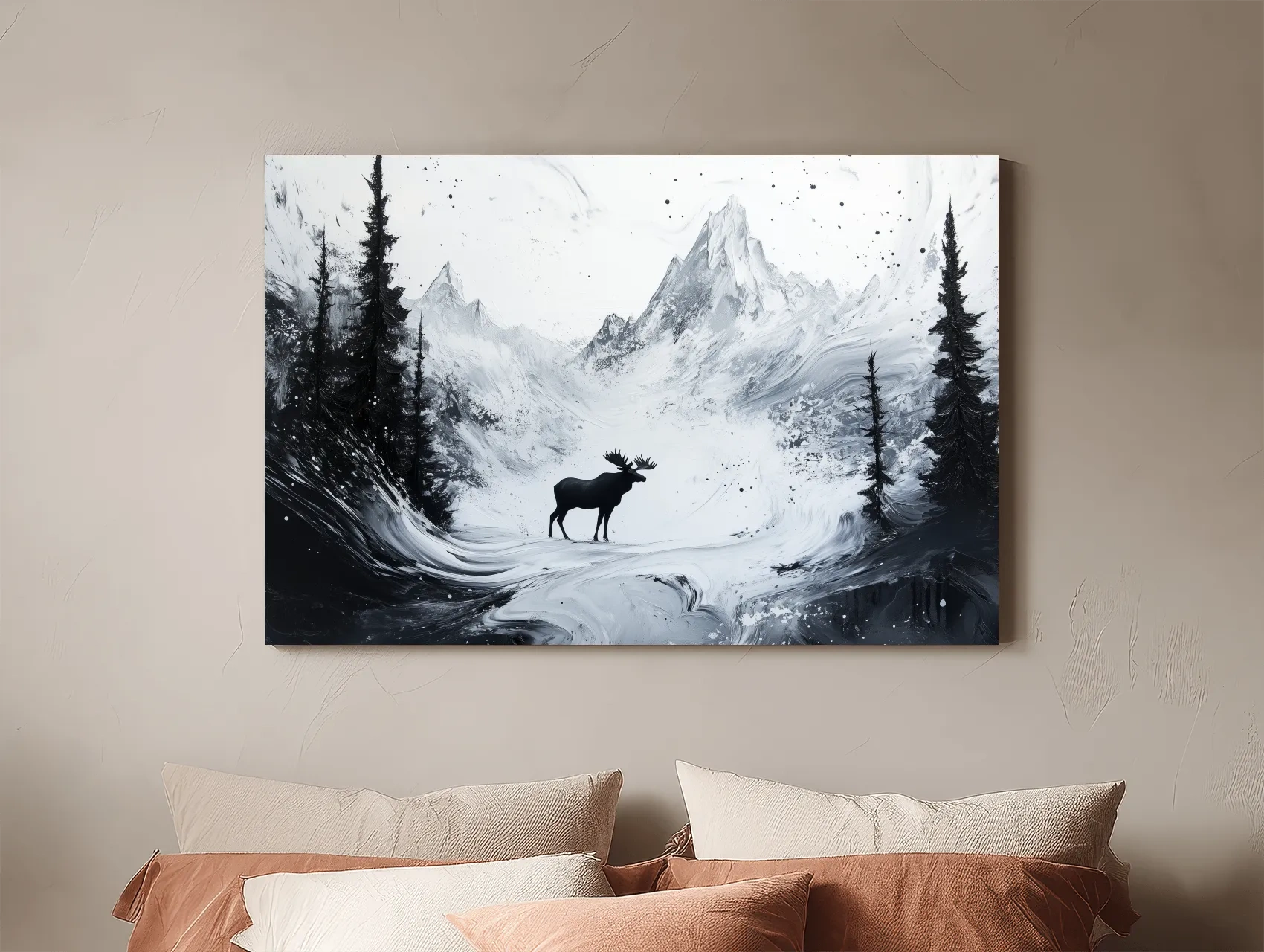Moody Monochrome Moose Alpine Meadows - Abstract Ink Wash Wildlife Wall Art