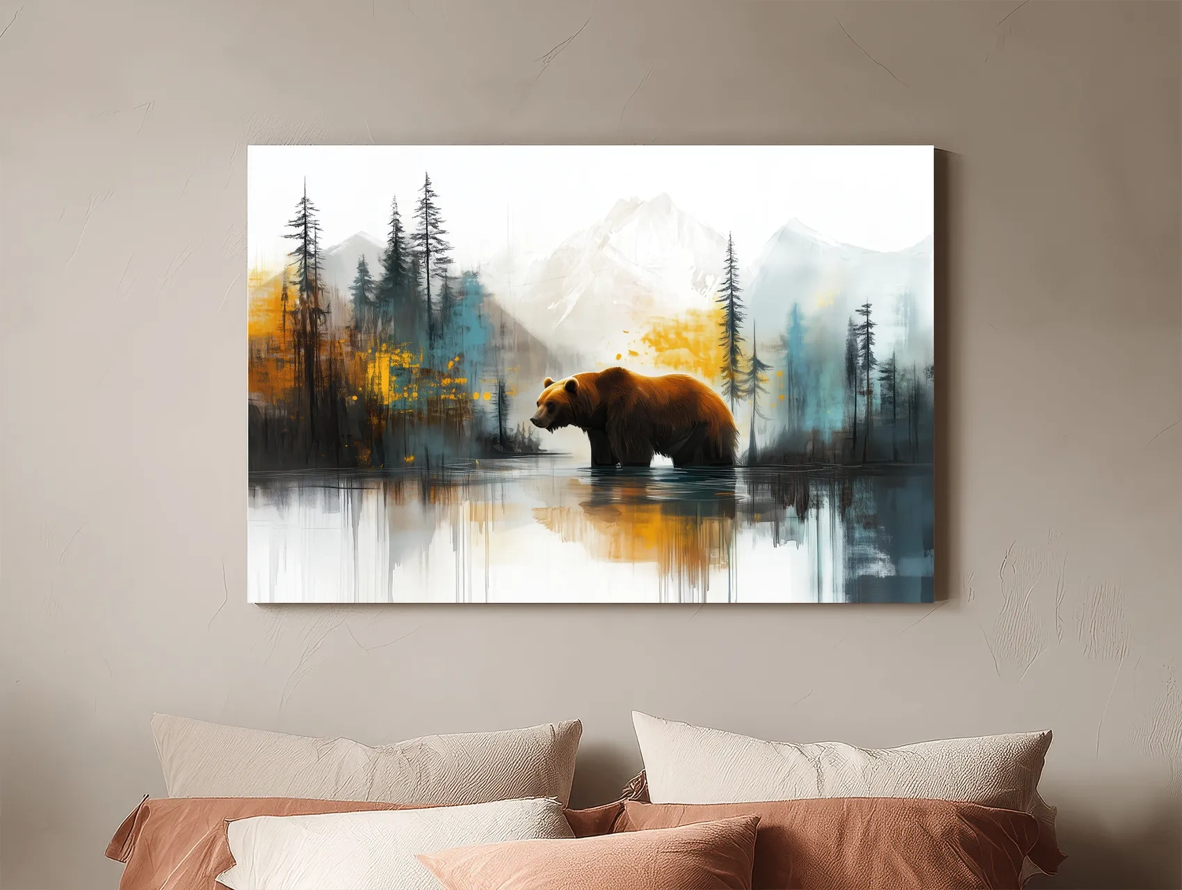 Grizzly Bear Lake Reflection - Misty Mountain Forest Watercolor Style Artwork