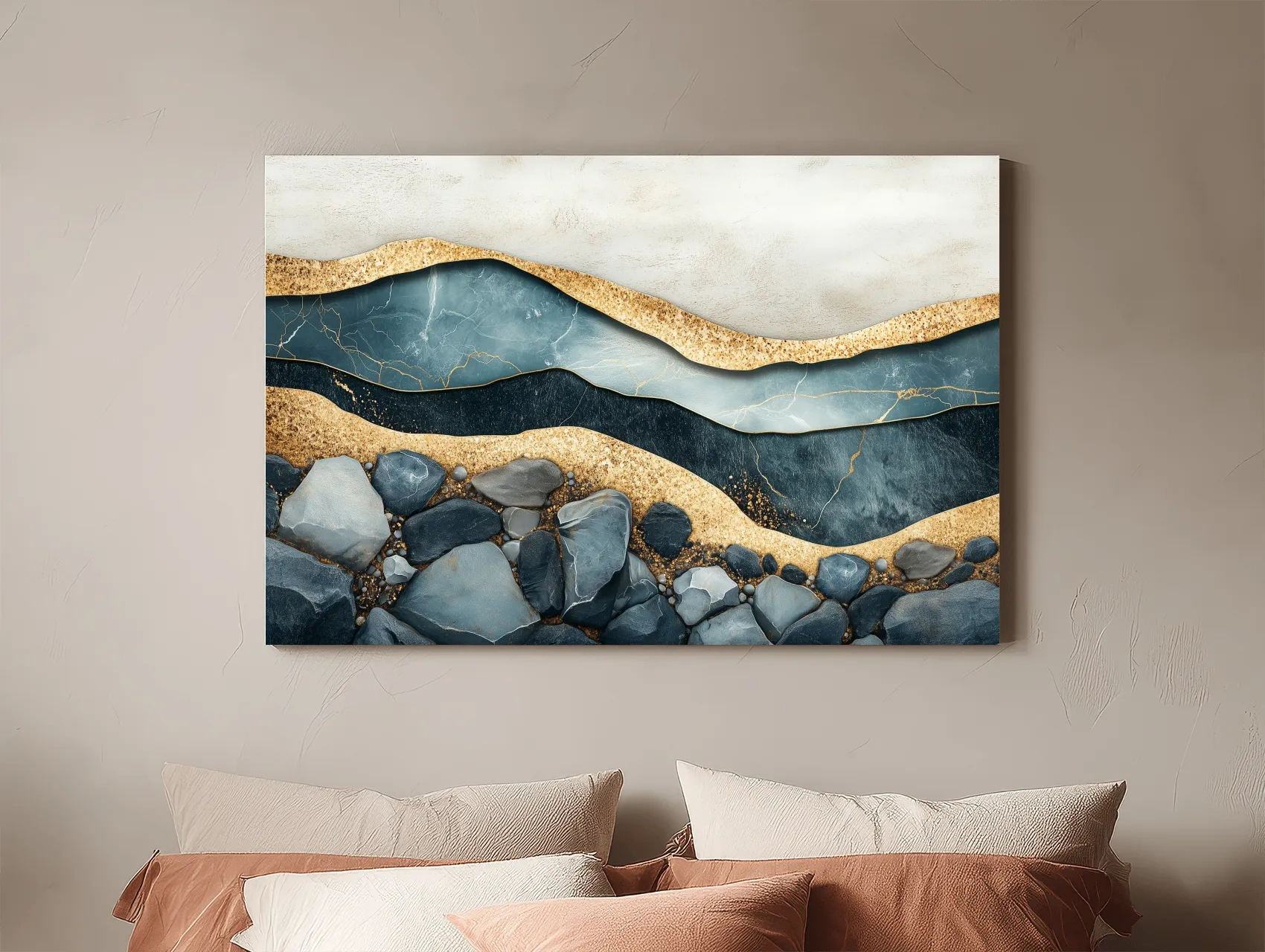 Luxury Teal Gold Marble Geode Layers - Modern River Rock Wall Art