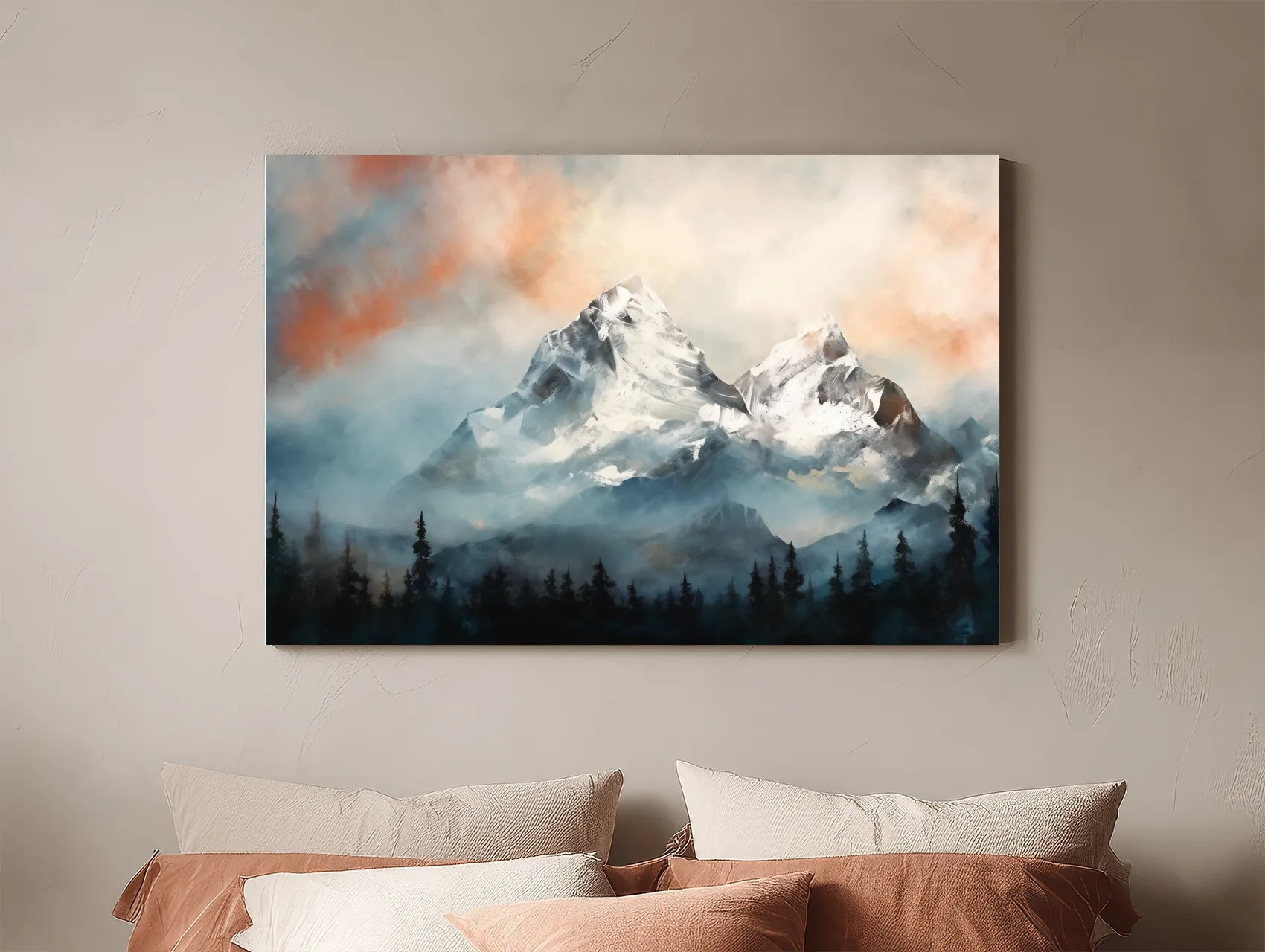 Misty Snowcapped Mountain Peaks Painting - Alpine Sunset Wall Art