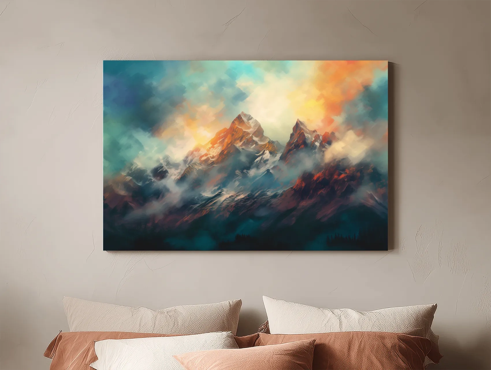 Abstract Sunrise Mountain Peaks Painting - Colorful Alpine Landscape Wall Art