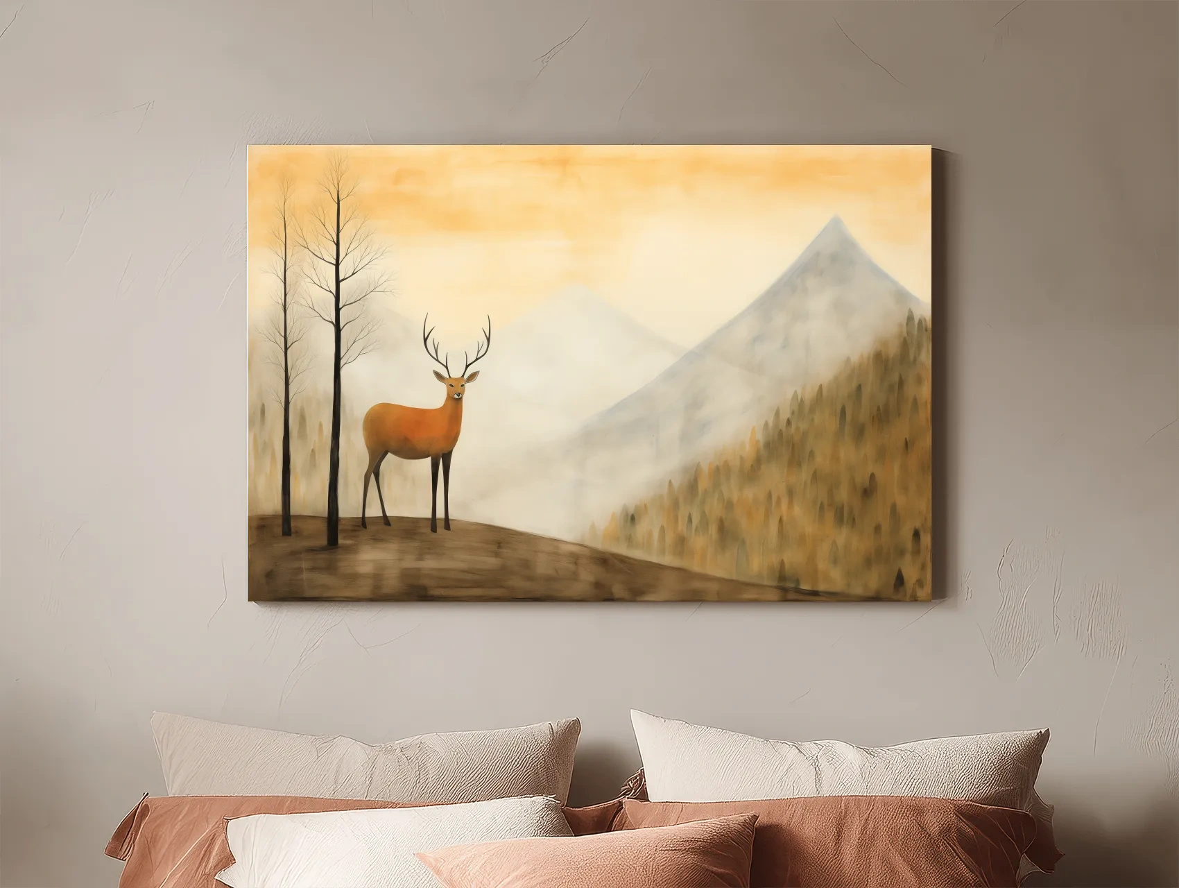 Deer Alpine Mountain Landscape Painting - Serene Foggy Forest Wall Art