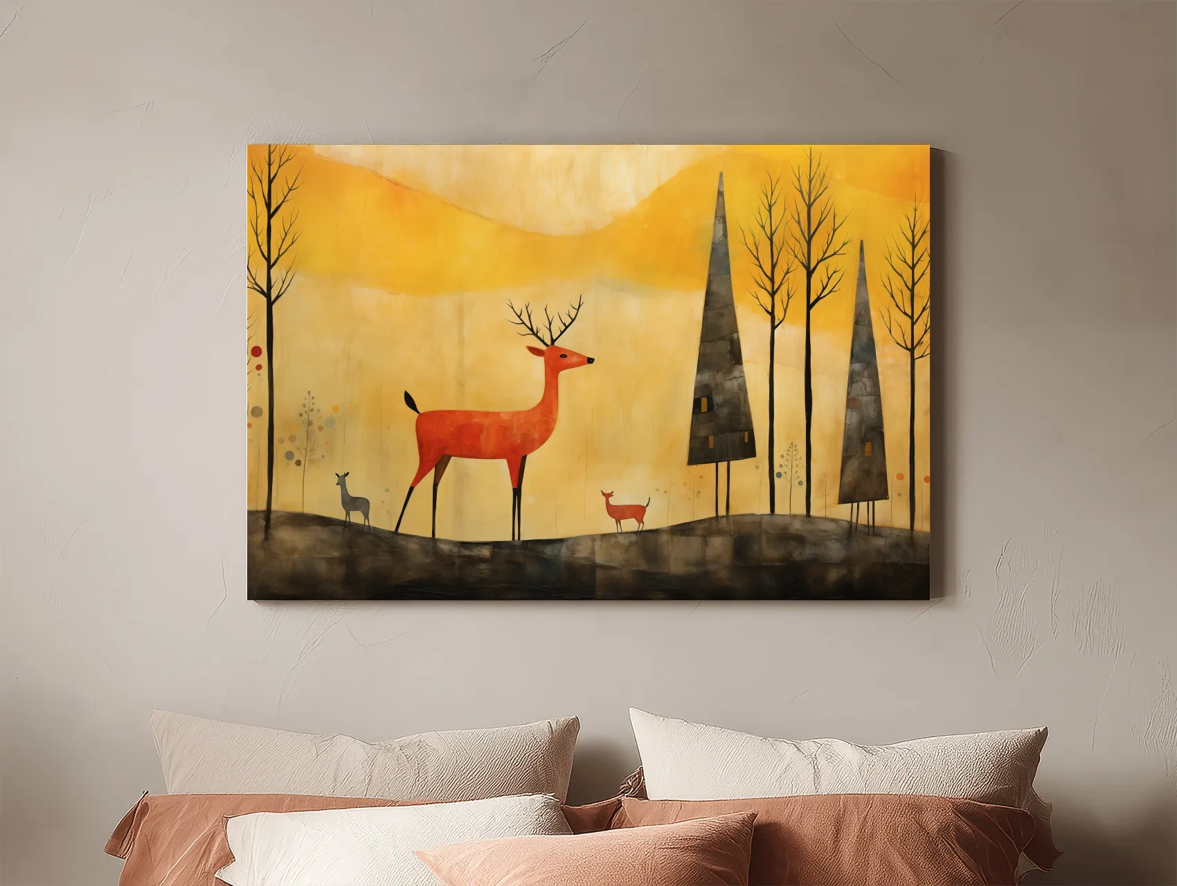 Whimsical Deer Forest Illustration - Autumn Woodland Landscape Wall Art