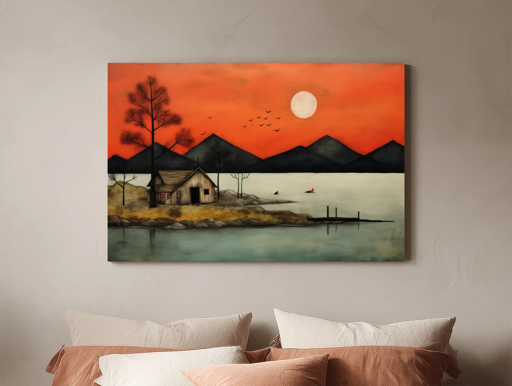 Rustic Lakeside Cabin Sunset Painting - Mountain Wall Art