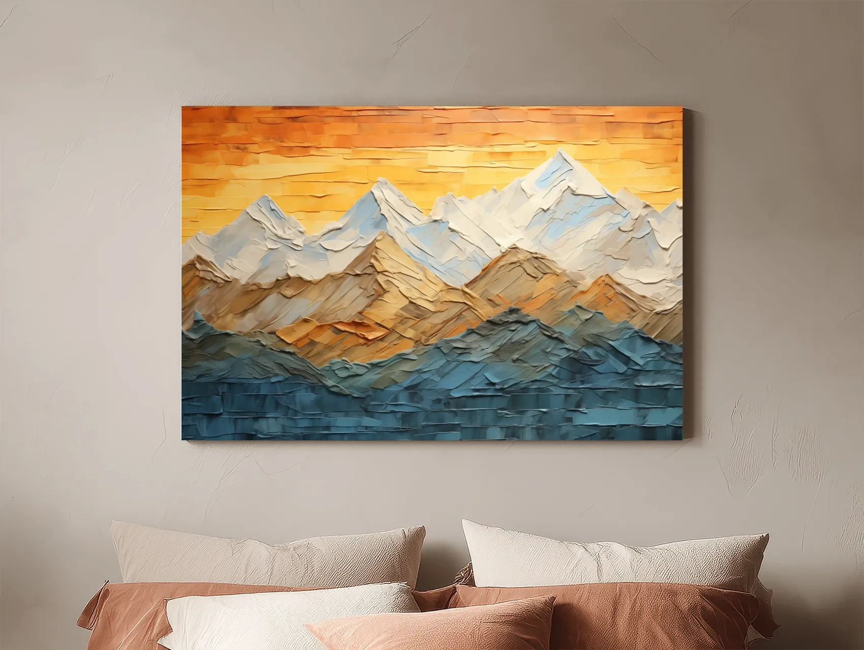 Impasto Style Mountain Range Sunset - Pallet Knife Painting Effect Wall Art