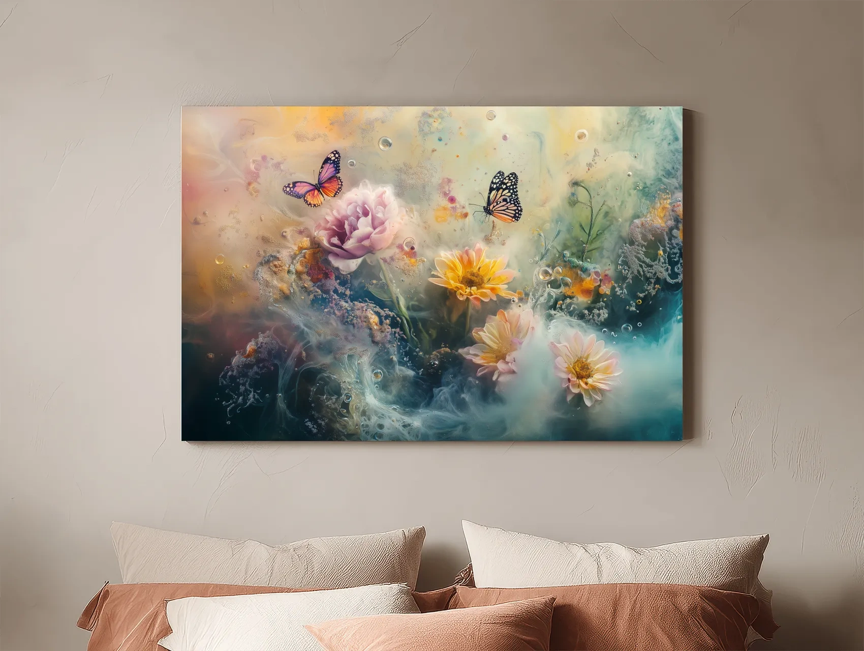 Ethereal Butterfly Floral Dreamscape - Pastel Mixed Media Wall Art