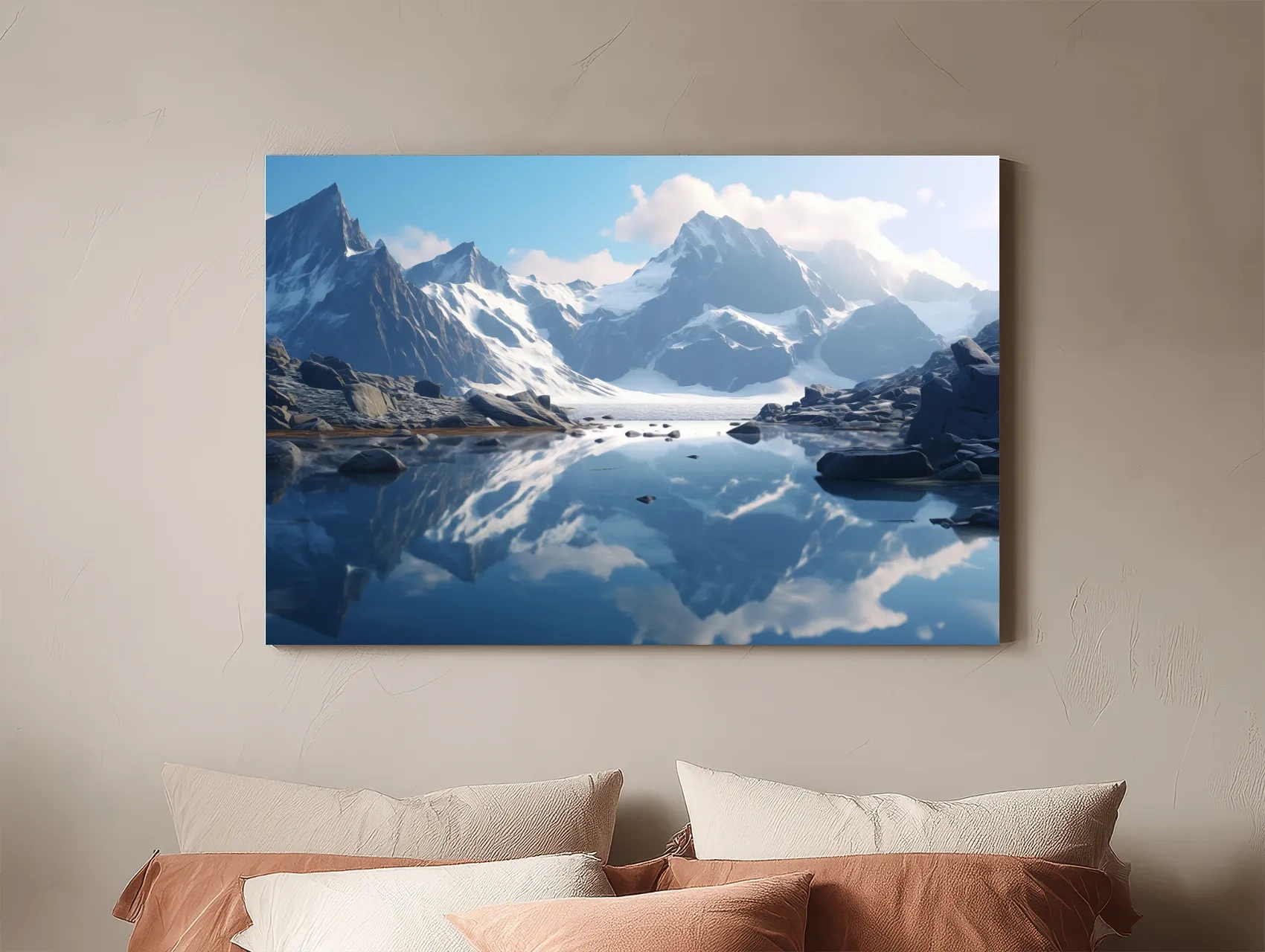 Majestic Snowcapped Mountain Lake Artwork - Serene Alpine Photography Wall Art