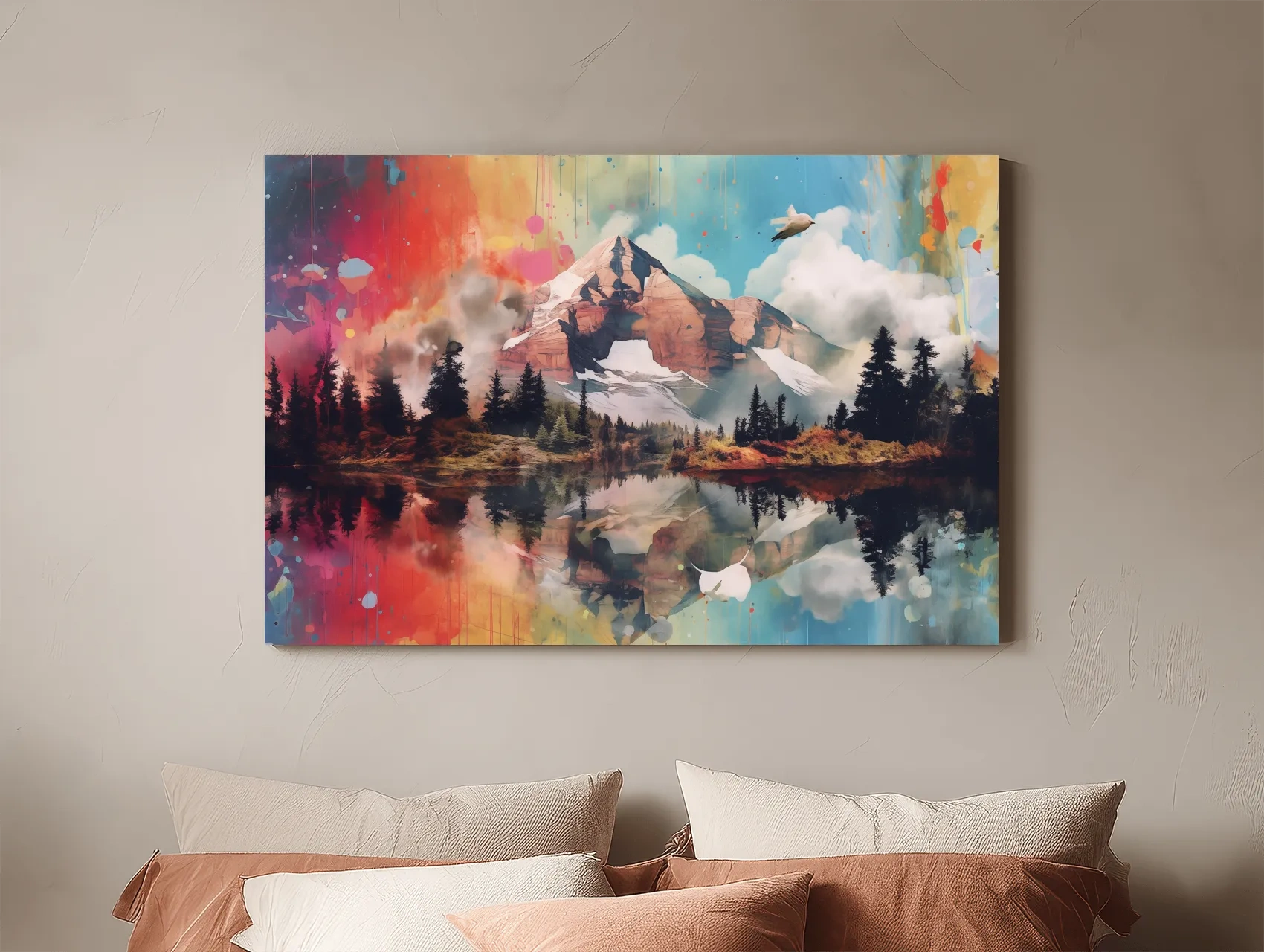 Vibrant Abstract Mountain Lake Painting - Colorful Landscape Wall Art