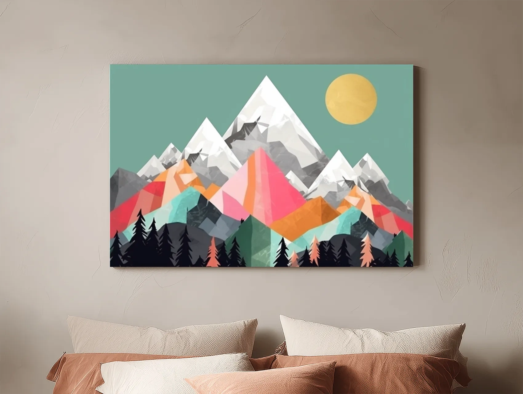 Geometric Abstract 2D Mountain Sunrise Art - Colorful Mid Century Wall Art