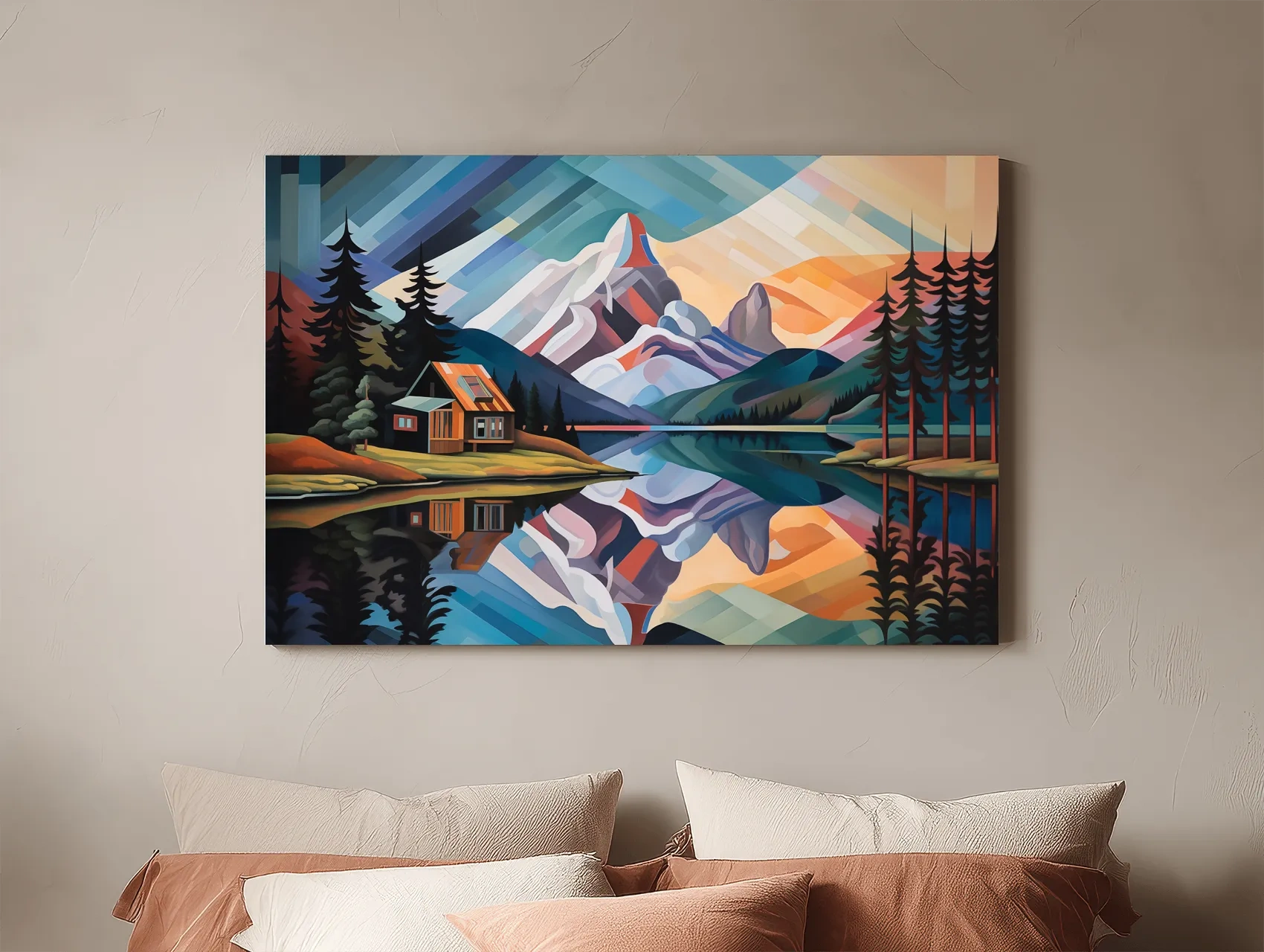 Mountain Cabin by the Lake Canvas Print - Abstract Oil Painting Sunset Wall Art