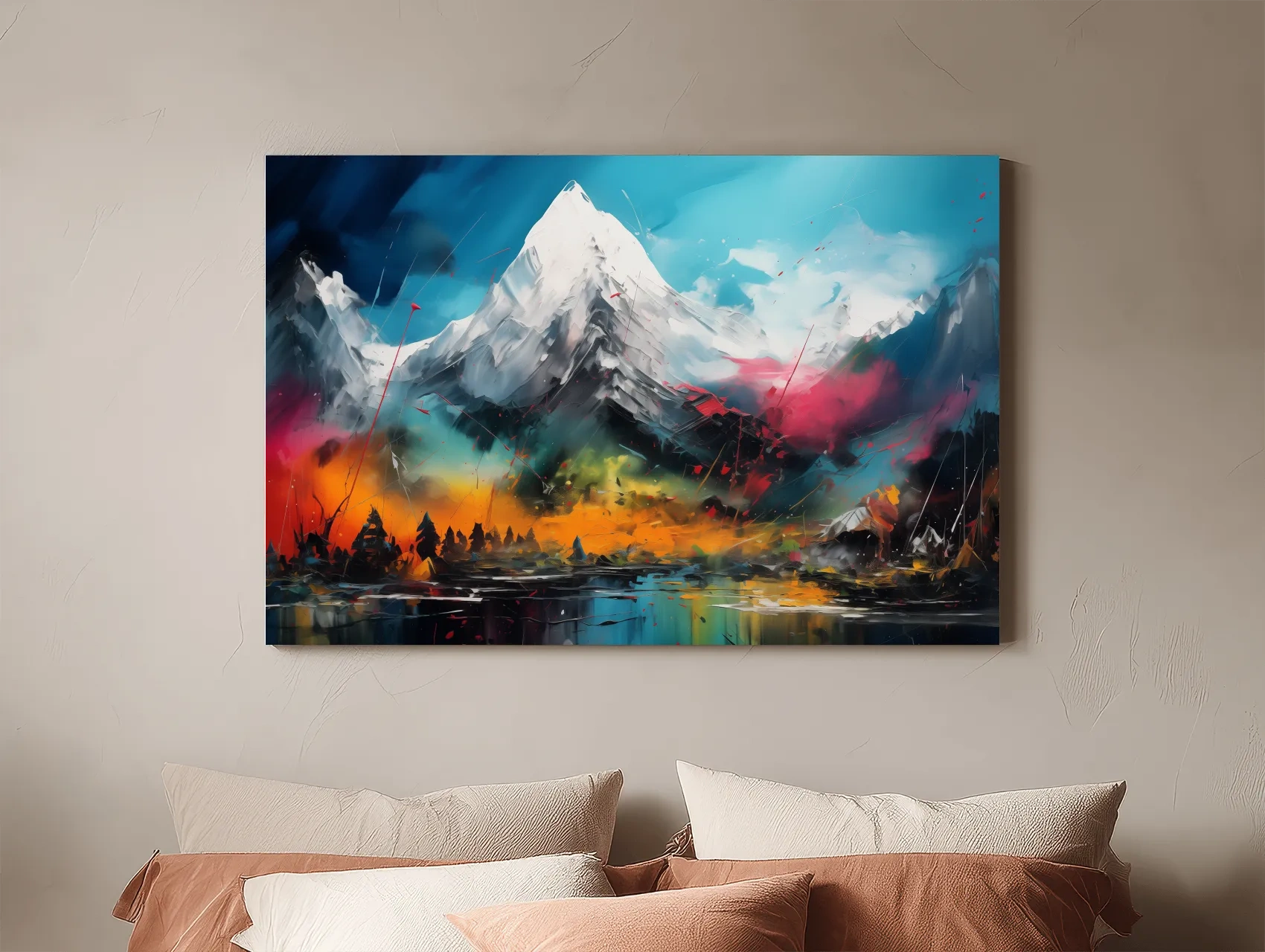 Vibrant Abstract Alpine Mountain Peaks - Colorful Impasto Painting Style Wall Art