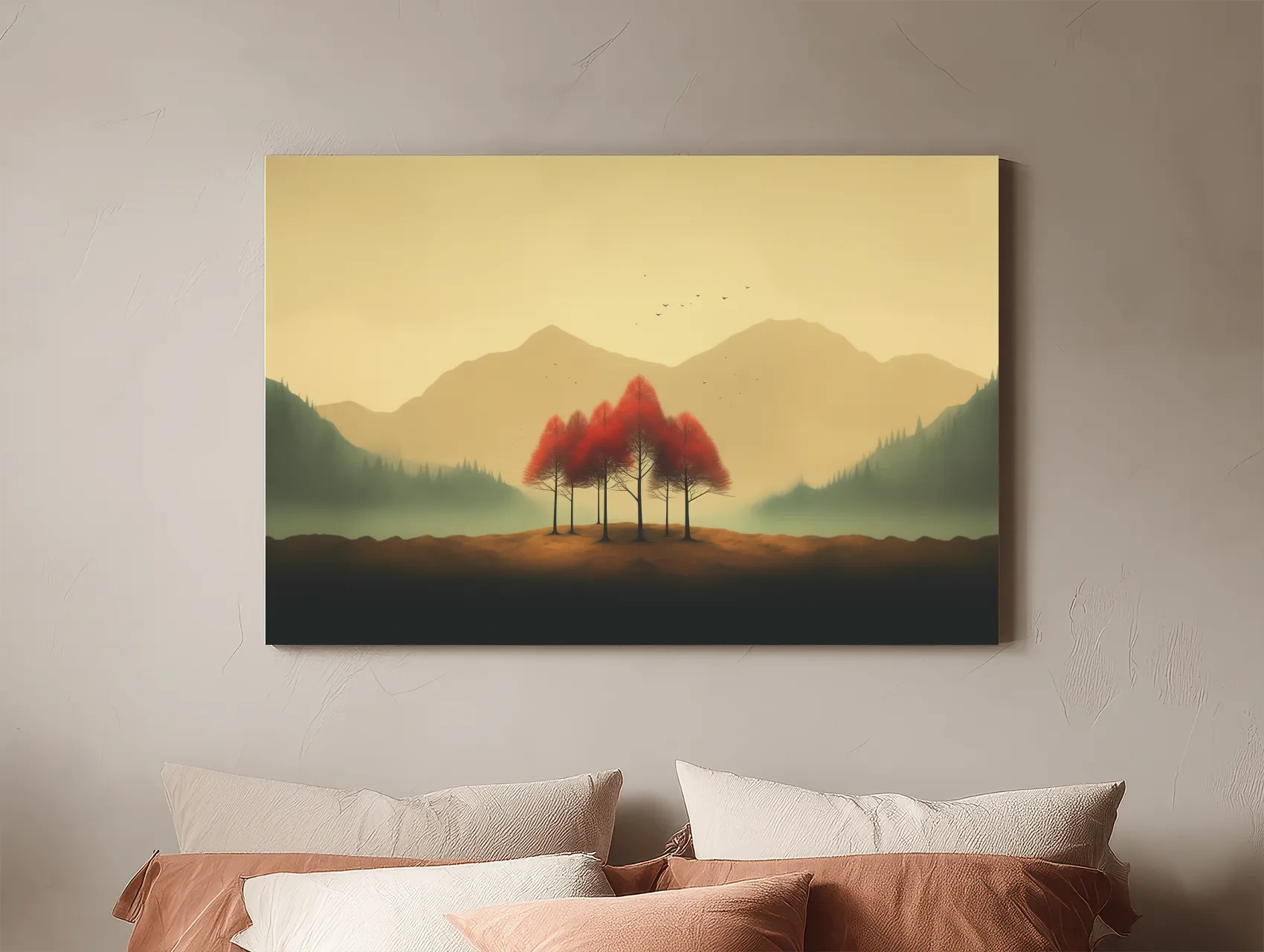 Minimalist Autumn Tree Grove Landscape - Misty Mountain Forest Wall Art