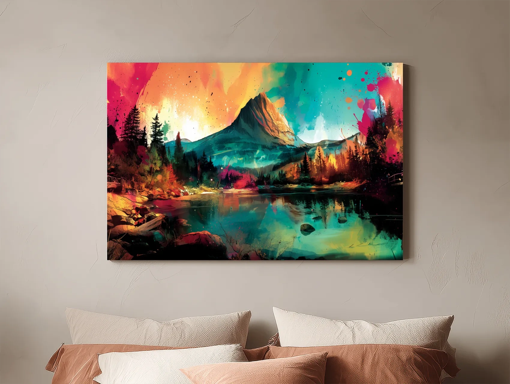Vibrant Abstract Alpine Mountain Sunrise - Colorful Watercolor Style Artwork