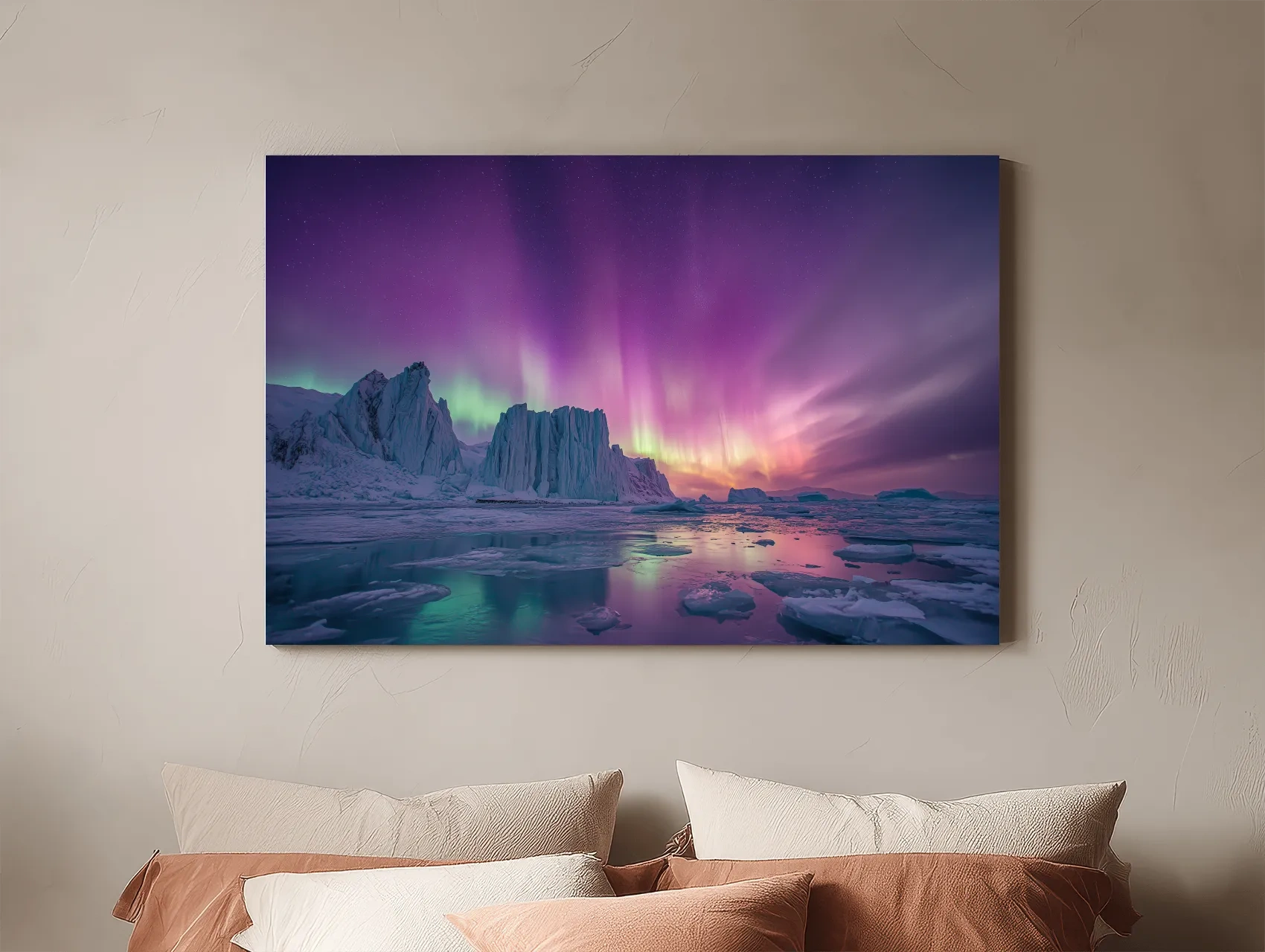 Vibrant Purple Northern Lights Over Arctic Icebergs - Aurora Borealis Landscape Wall Art