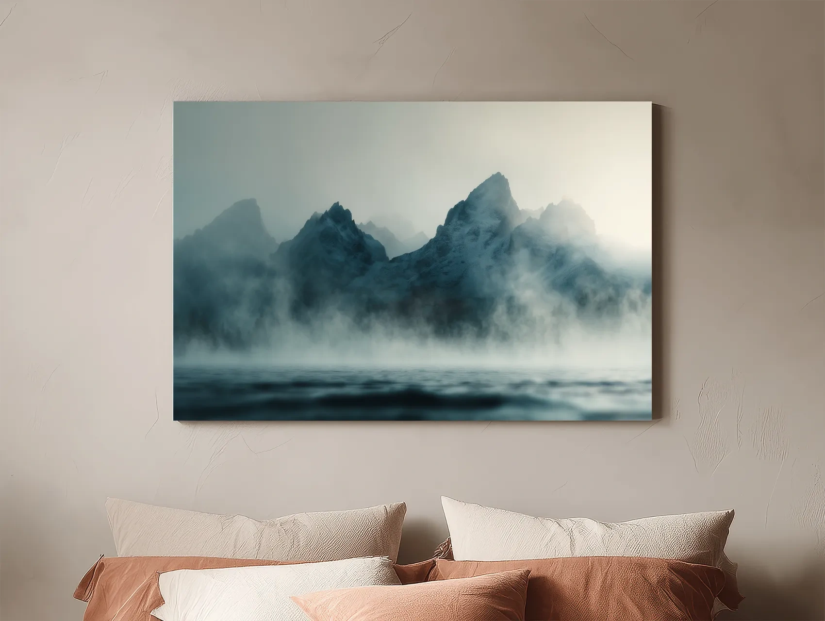 Moody Misty Mountain Peaks Over Water - Atmospheric Monochrome Landscape Wall Art
