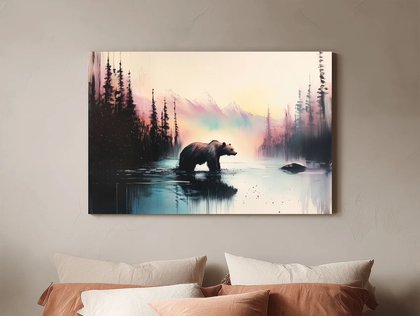 Moody Watercolor Grizzly Bear Lake Reflection - Misty Mountain Wilderness Wall Art