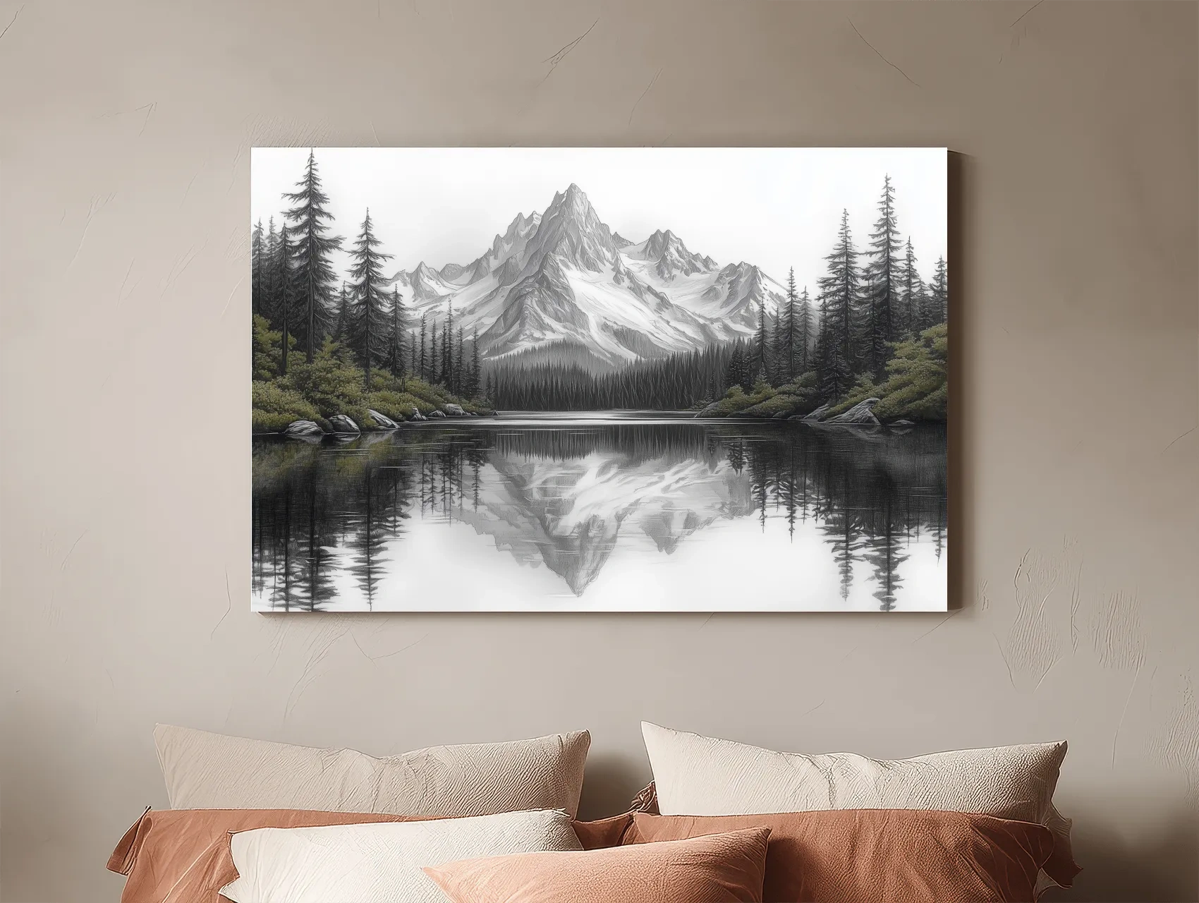 Monochrome Alpine Mountain Lake Reflection Sketch Artwork - Minimalist Forest Landscape Wall Art