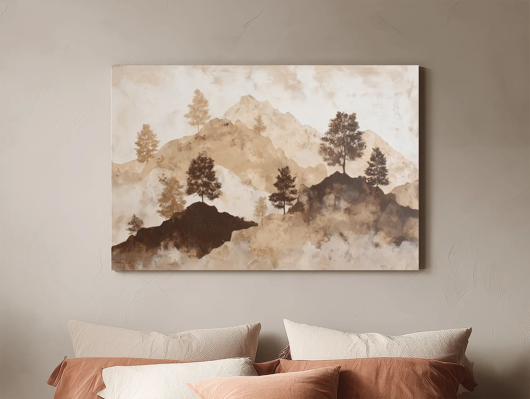 Wabi-Sabi Mountain Tree Silhouettes Painting - Minimalist Landscape Wall Art